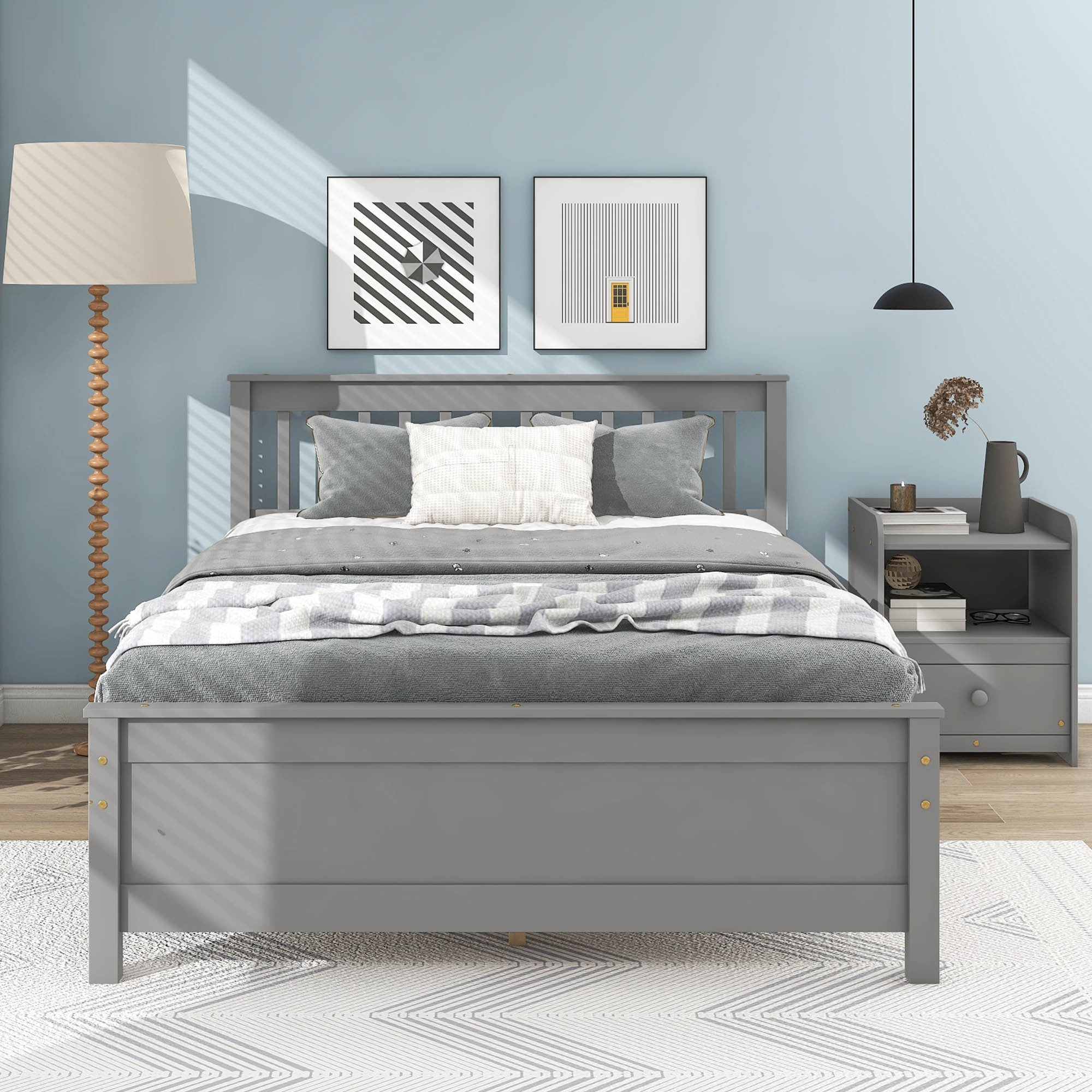 Gray Full Bed with Headboard, Footboard, and Matching Nightstand