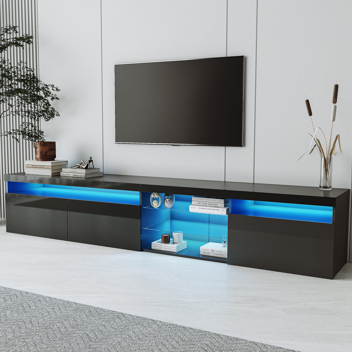 Unique Design TV Stand with Ample Storage Space and LED Color Changing Lights for Living Room In Black