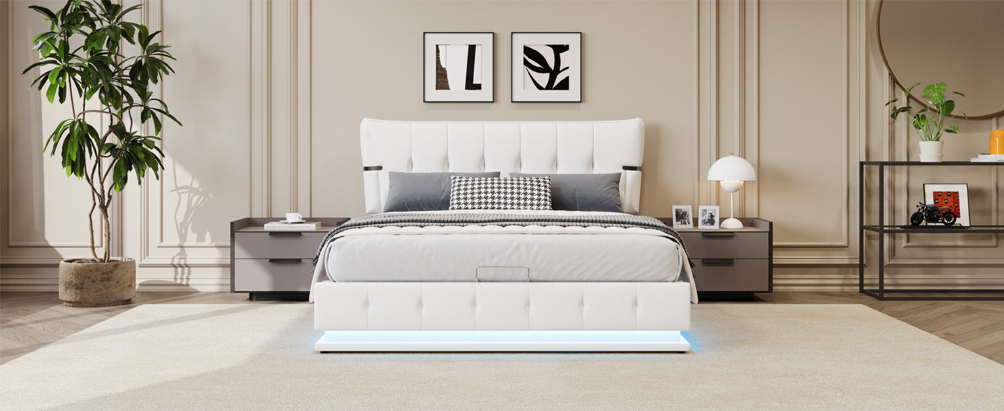 Upholstered Platform Queen Size Lift Up Storage Bed with LED Lighting in White