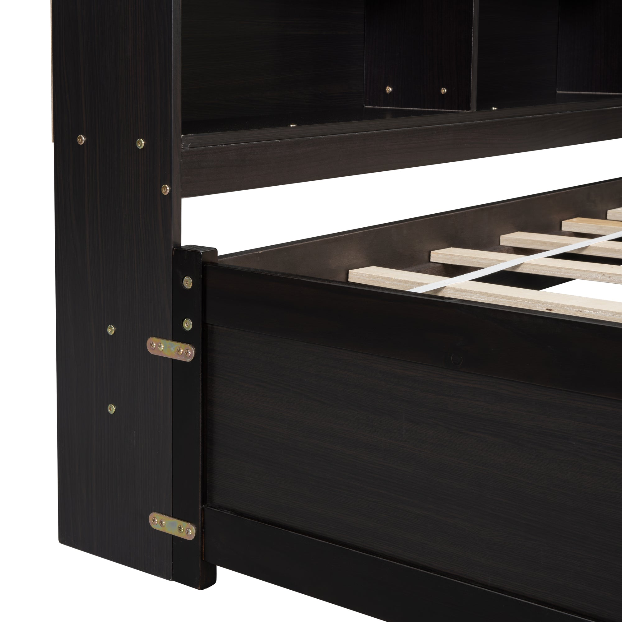 Espresso Tone Twin Bed with L-Shaped Bookcases and Storage Drawers