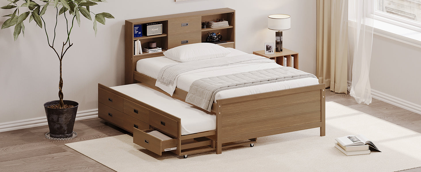 Walnut Twin Platform Bed with Trundle, Drawers & Storage Headboard