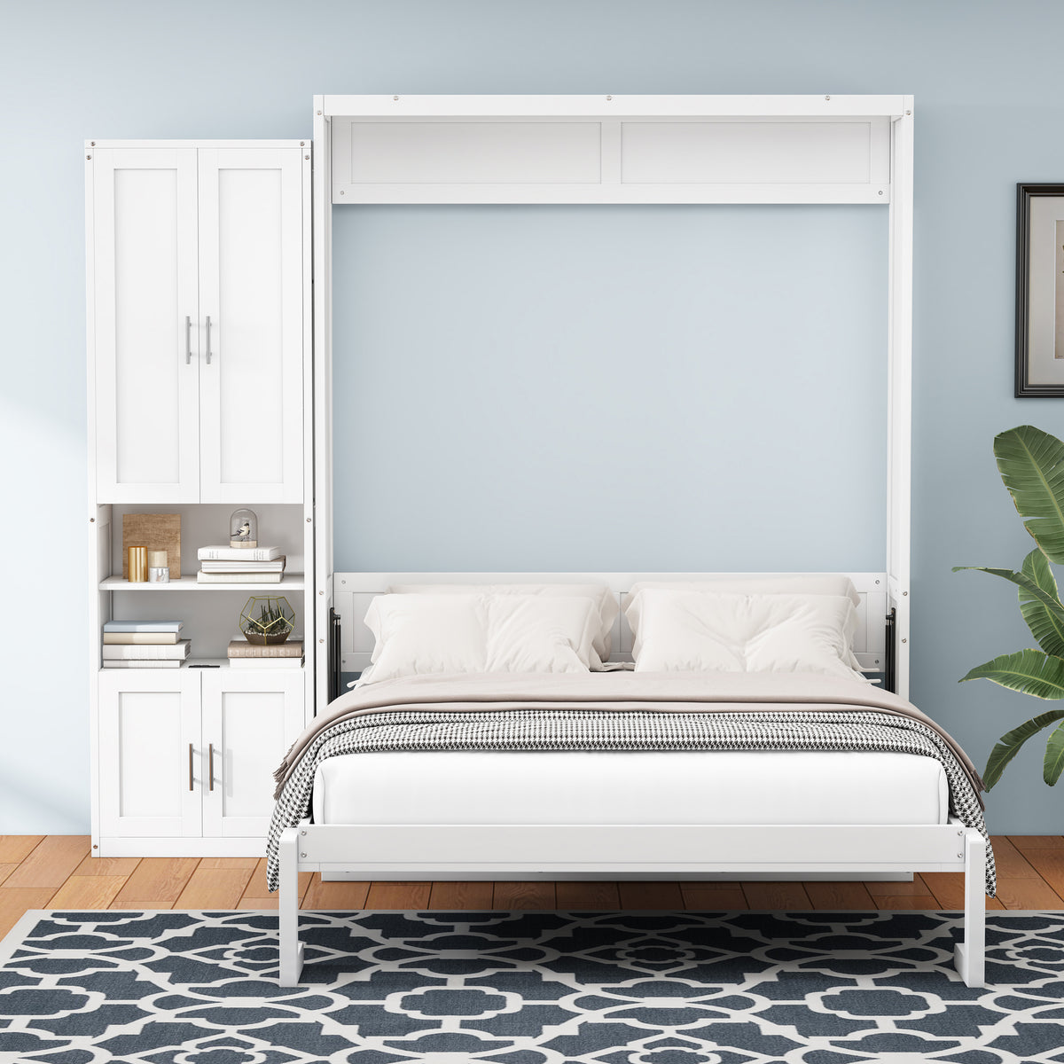 White Queen Size Murphy Bed with Cabinet, Desk, and Side Cabinet