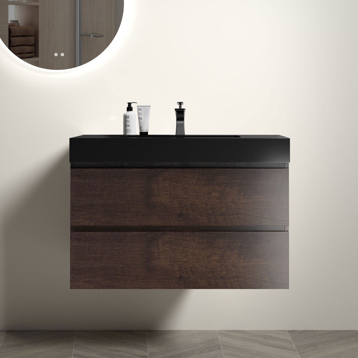 36 Walnut Bathroom Vanity with Sink Large Storage Wall Mounted Design One-Piece Black Sink Basin Pre-assembled In Walnut