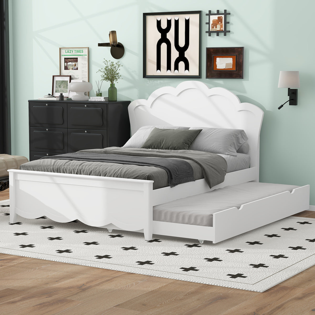 Full Size Wood Platform Bed with Headboard and Twin Trundle In White