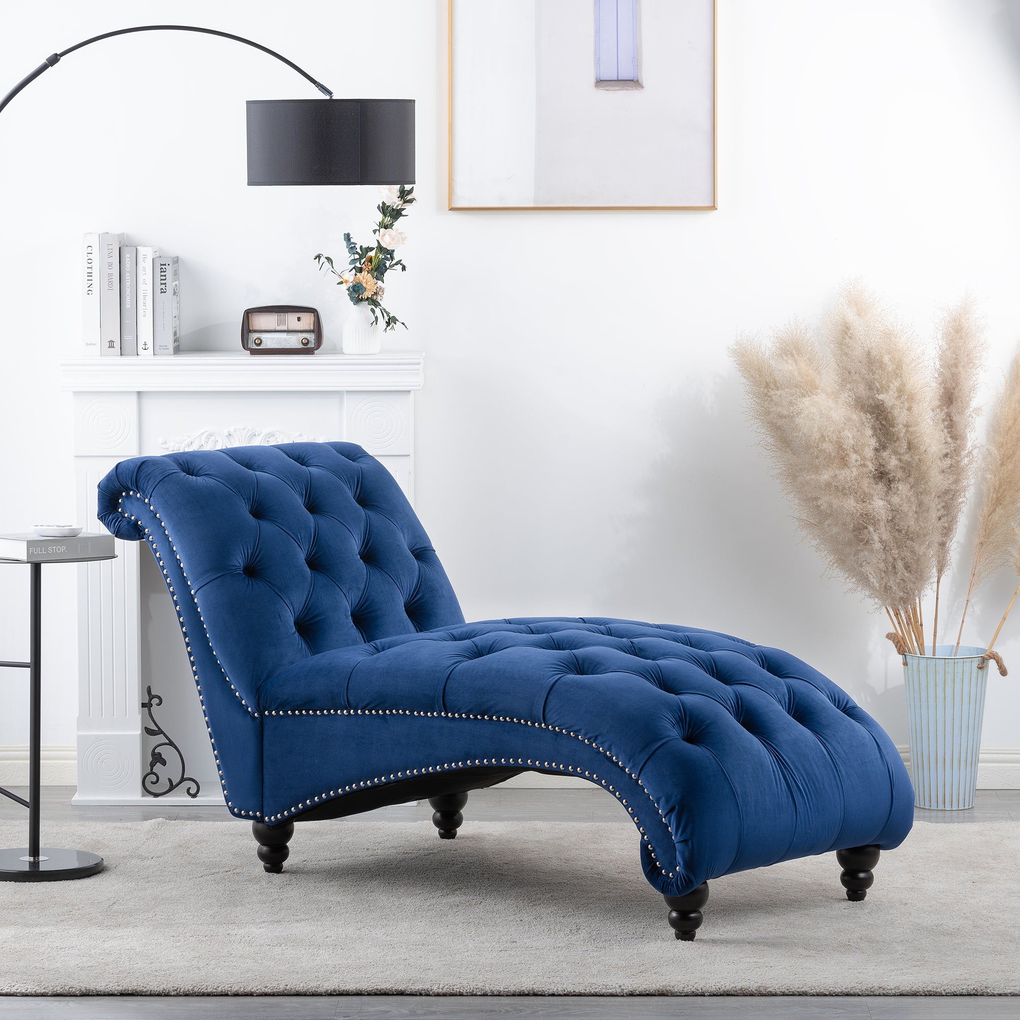 Blue Fabric Tufted Armless Chaise Lounge