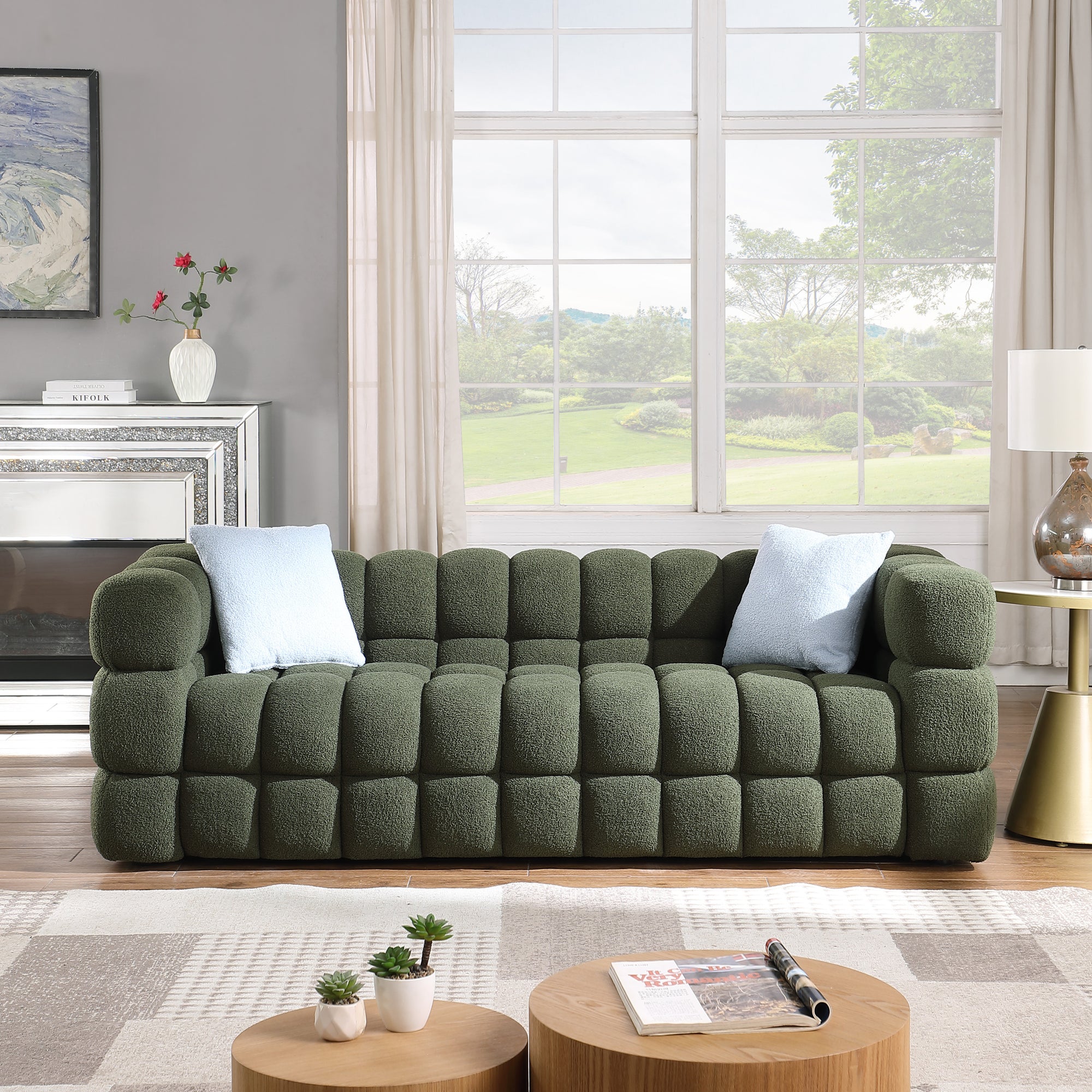 Olive Green Boucle 5-Seater Marshmallow Loveseat Sofa