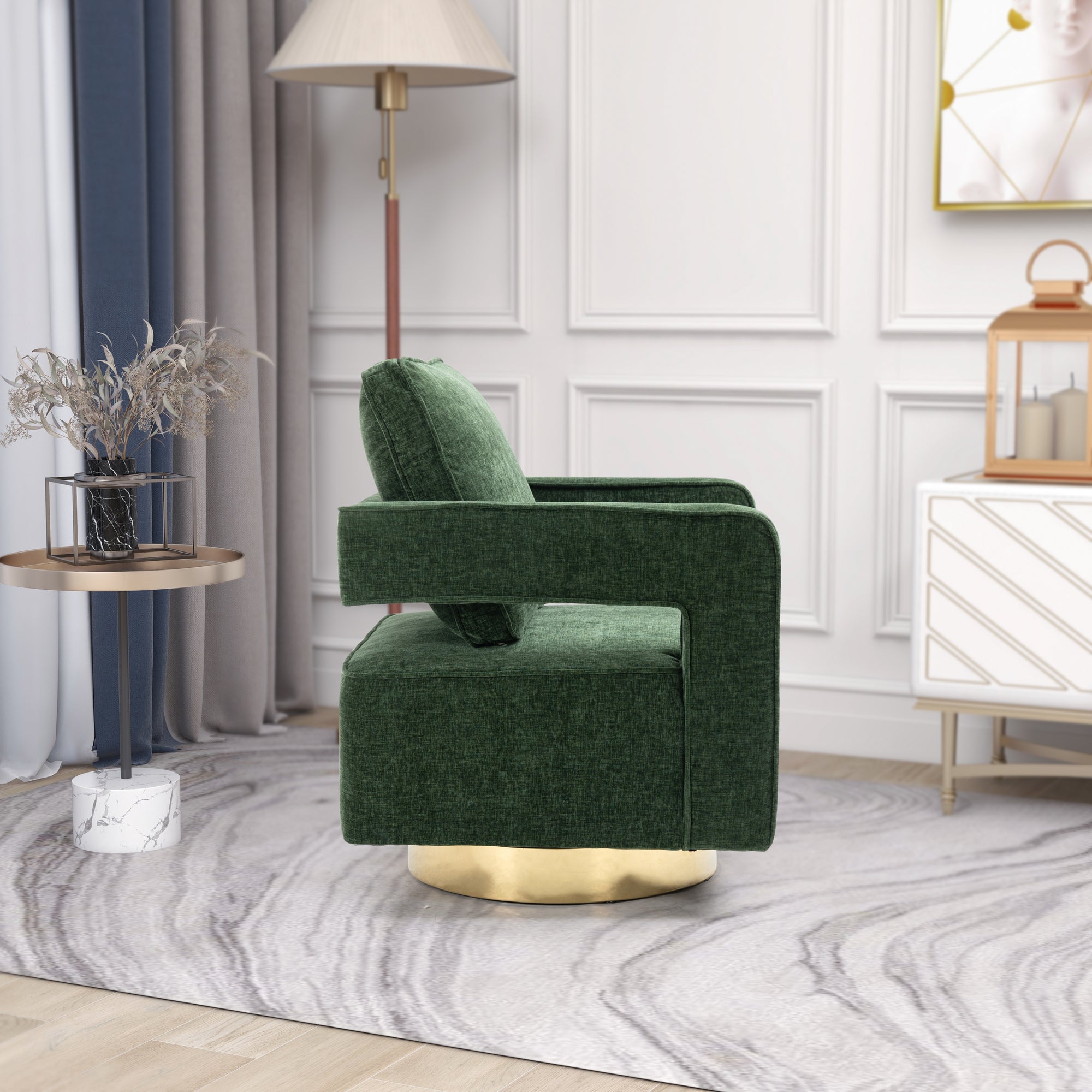 Open Back Chair Green Chenille Swivel Accent Chair With Gold Stainless Steel Base