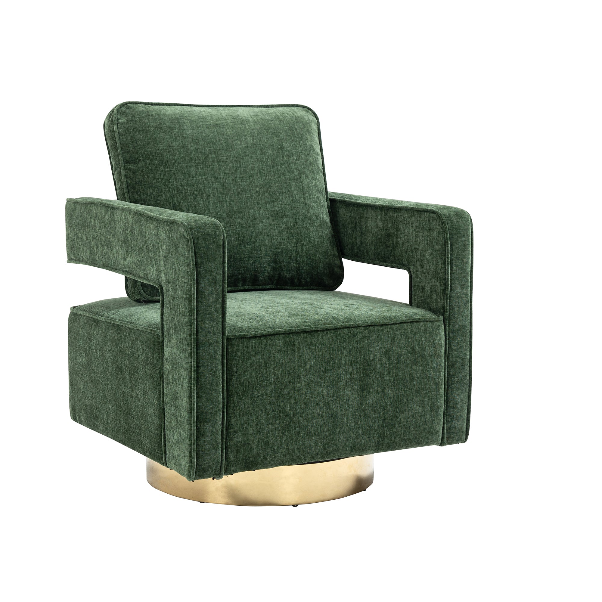 Open Back Chair Green Chenille Swivel Accent Chair With Gold Stainless Steel Base