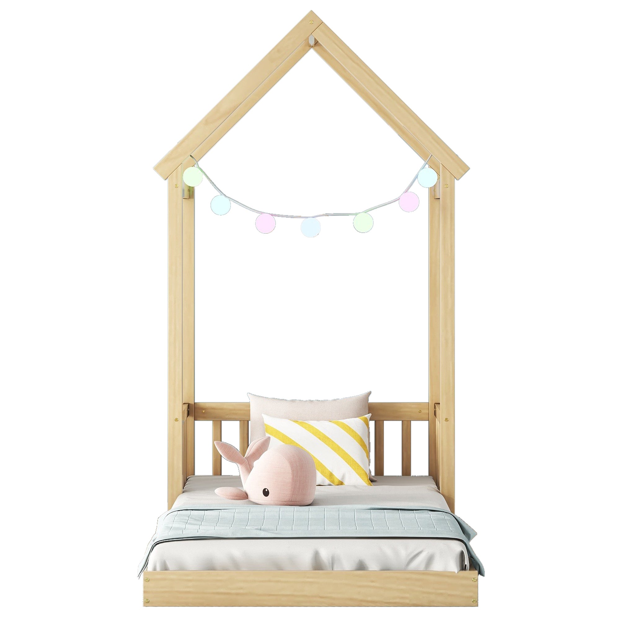 Natural Twin House-Shaped Roof Headboard Toddler Floor Bed