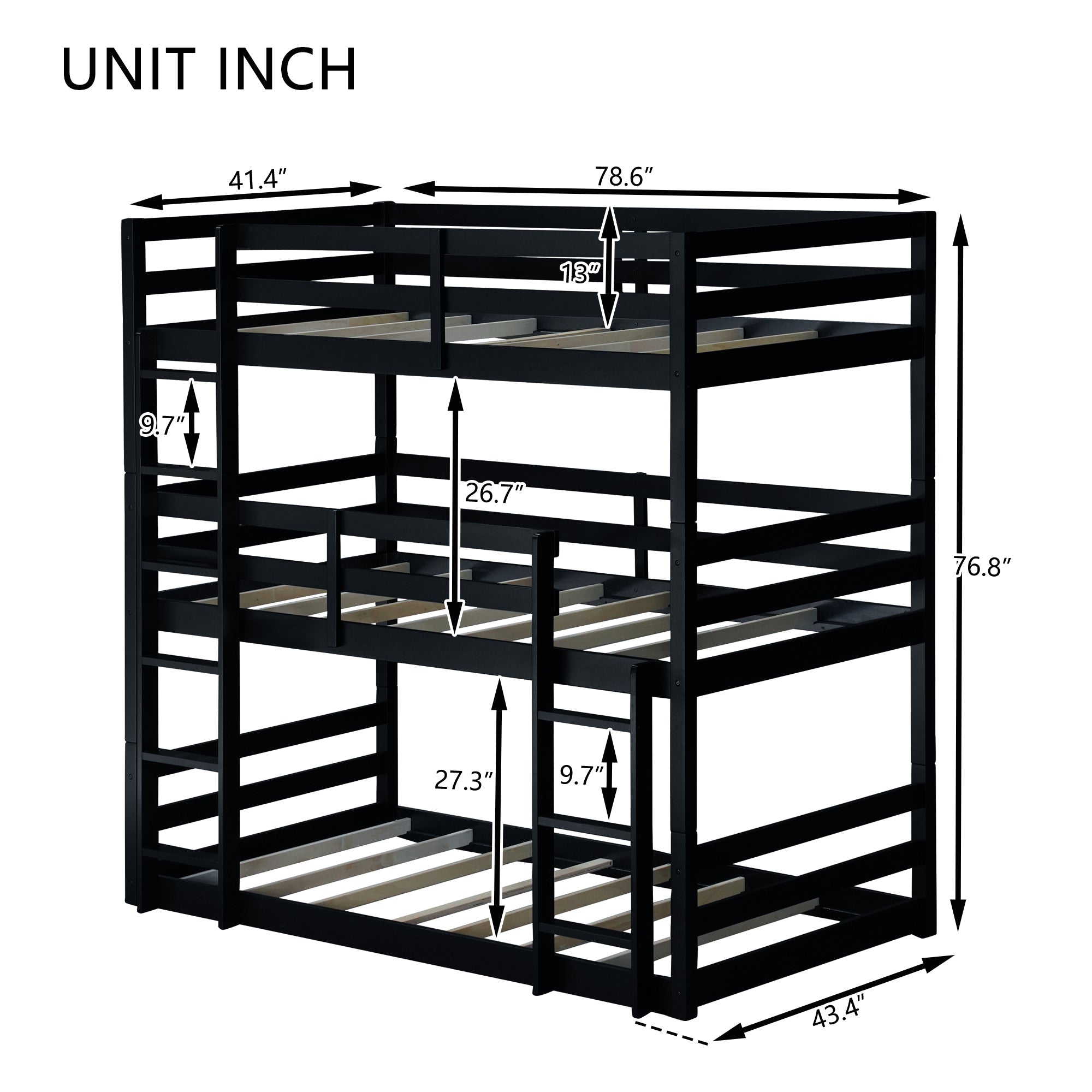 Black Triple Rubber Wood Bunk Bed with Built-In Ladders and Guardrails