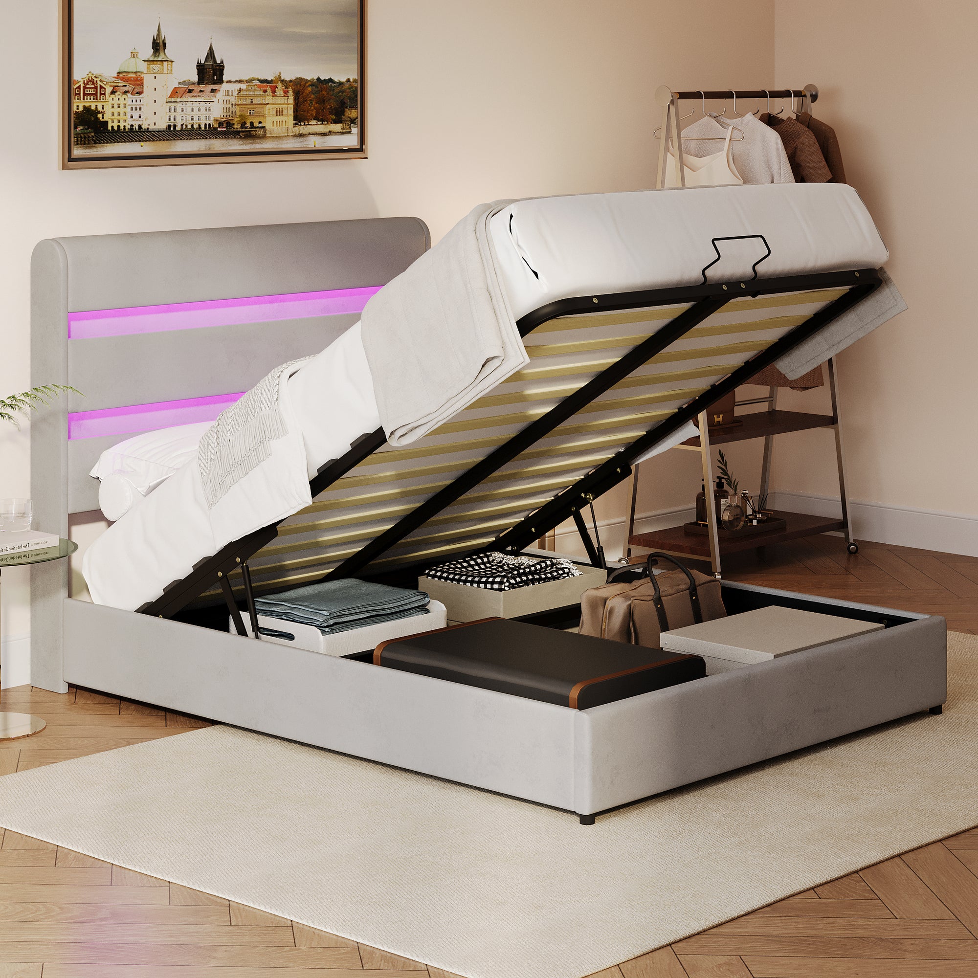 Gray Velvet Queen Hydraulic Storage Bed with LED Lights