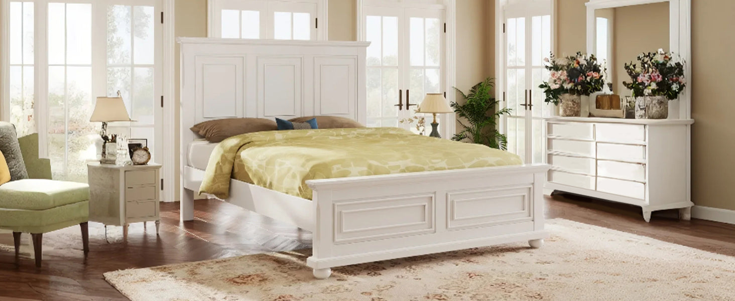 Traditional Town and Country Style Queen Panel Bed with Decorative Fretwork in White