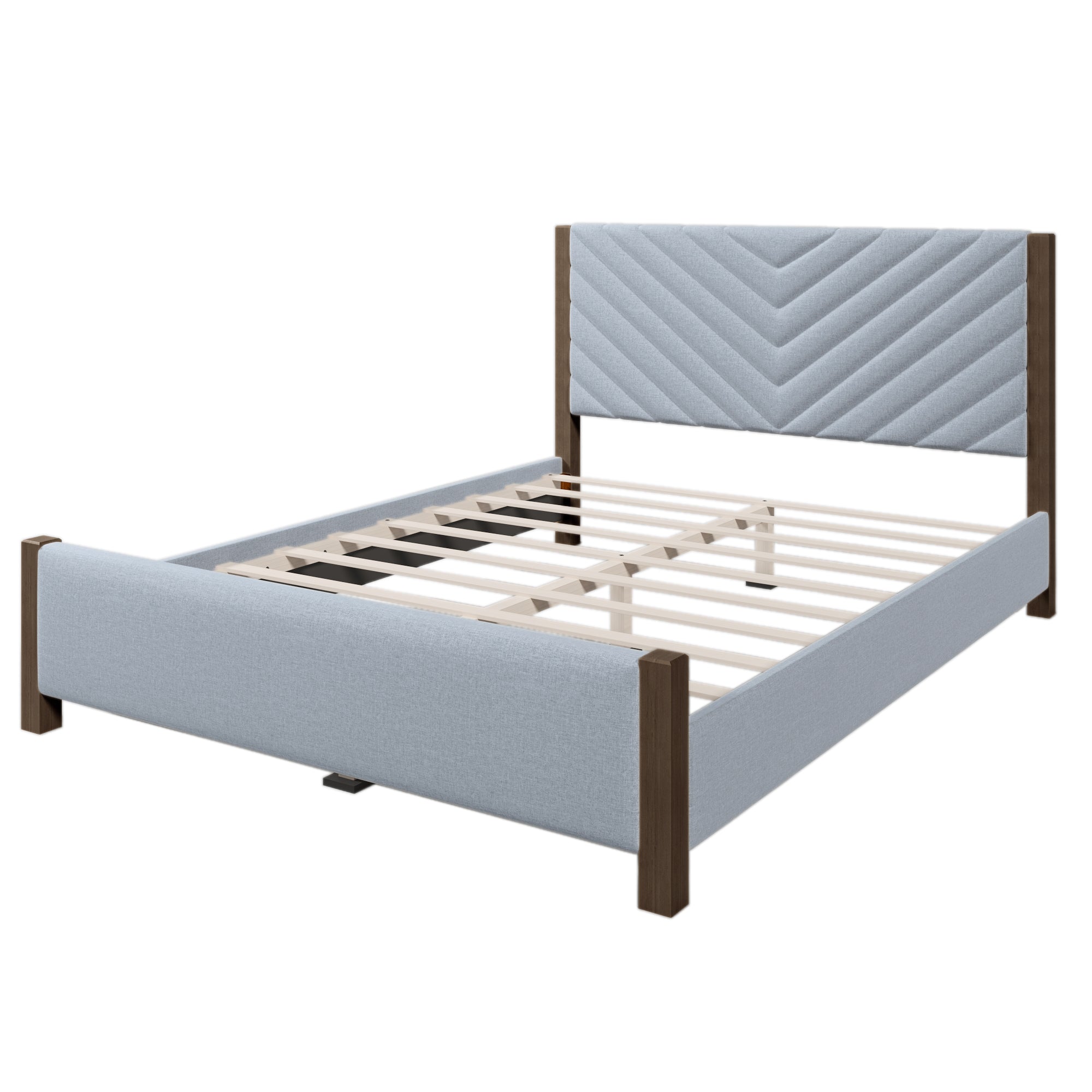 Modern Mid-Century Queen Upholstered Platform Bed with Chevron Headboard in Gray