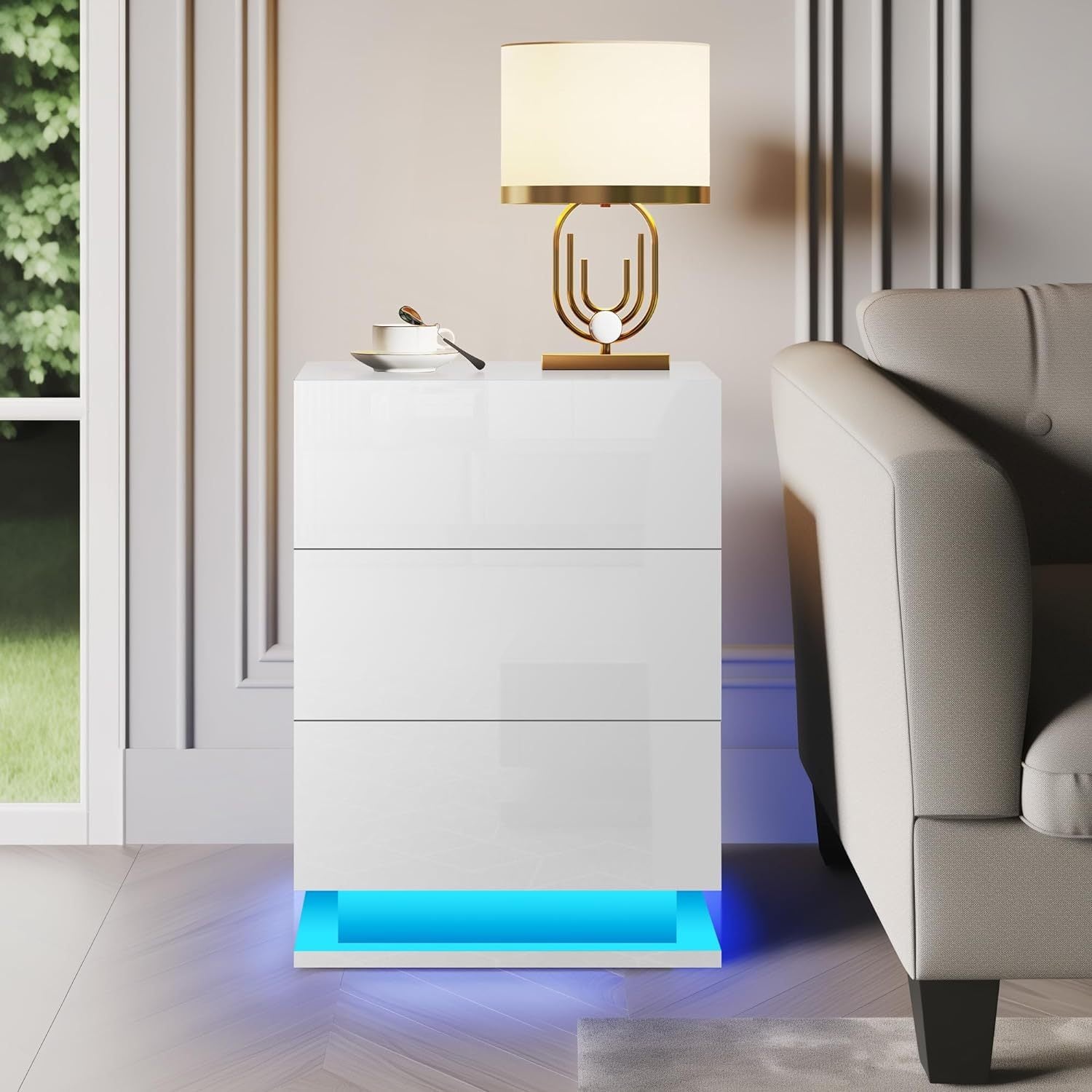 LED Nightstand with 3 Drawers and RGB Lighting Modern White Bedside Table In White