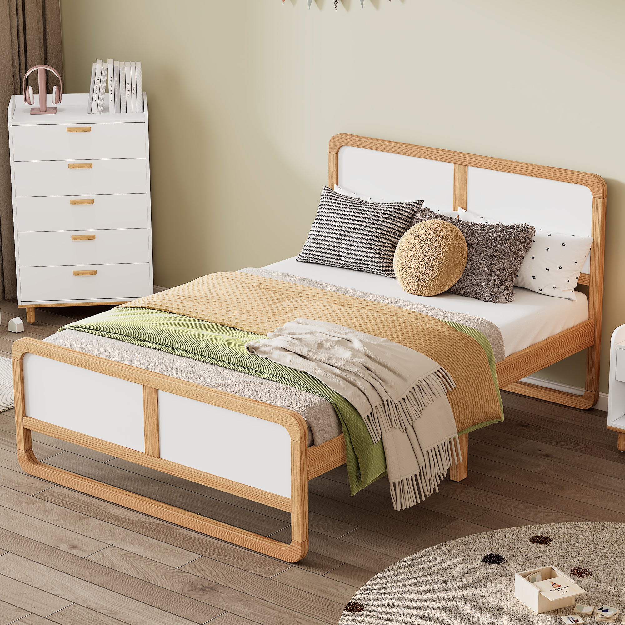 Modern White & Walnut Queen Bed Frame