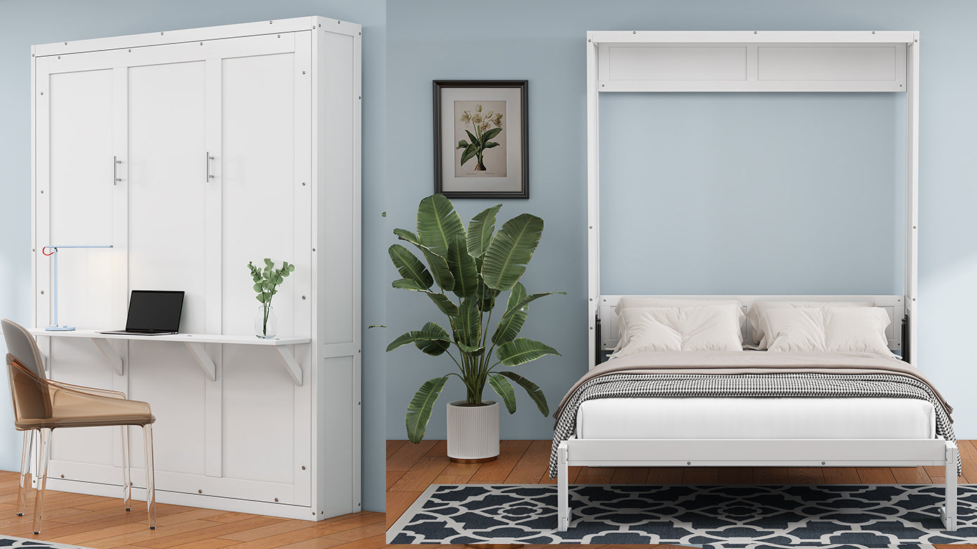 Queen Folding Murphy Bed with Two Side Cabinets in White