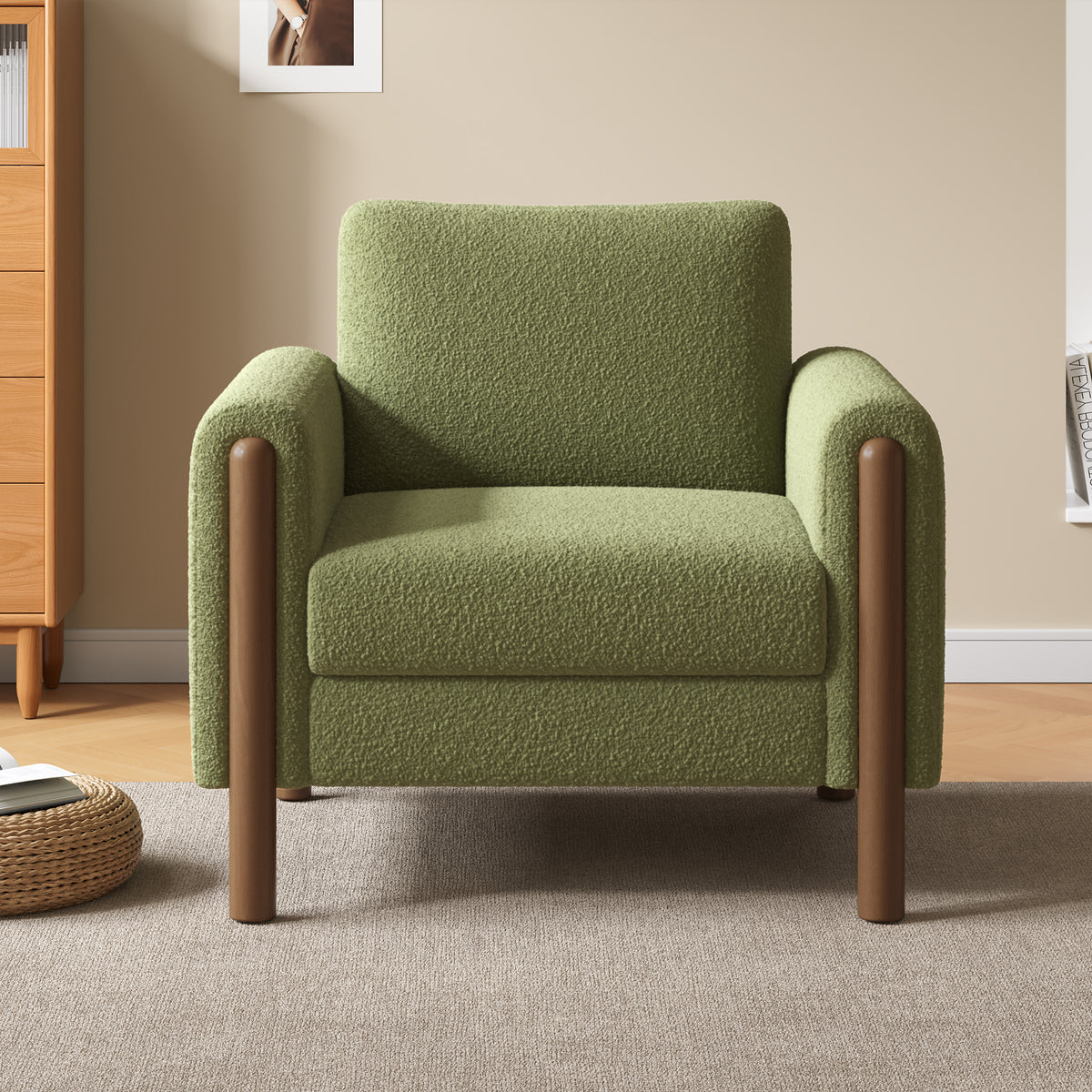 Oversized Accent Chair With Walnut Legs Upholstered In Green Teddy