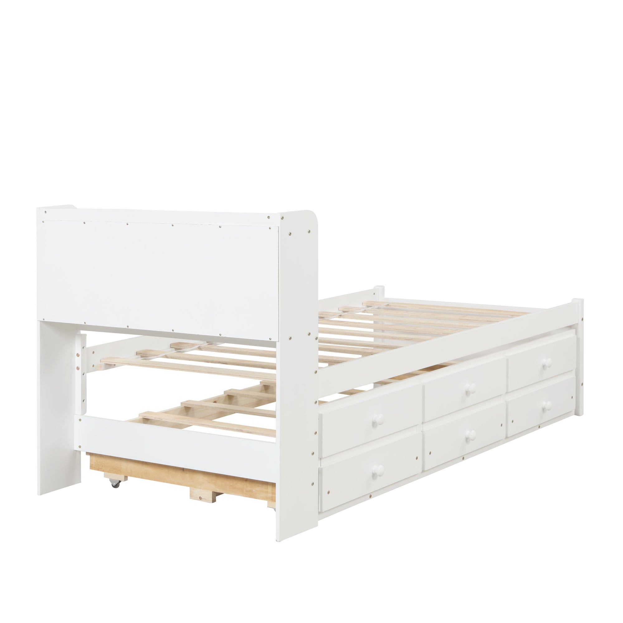 White Twin Bed with Bookcase, Trundle, and Drawers