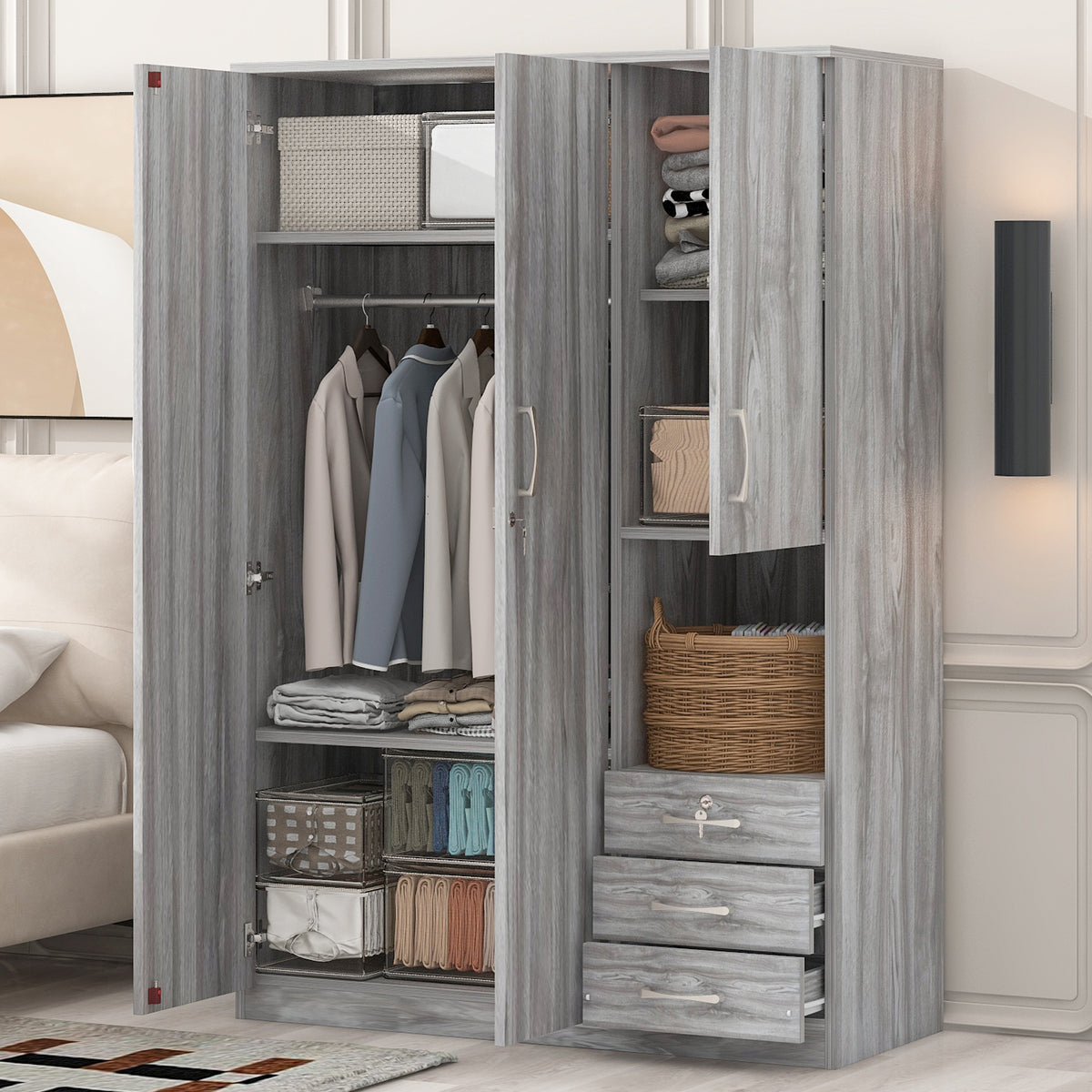 2-Doors Wooden Wardrobe Storage For Bedroom With Shelves And 3 Drawers In Gray