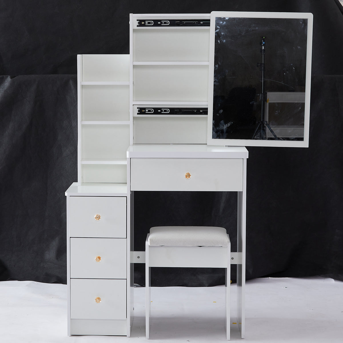 Small Size Left Bedside Cabinet Vanity Table With Cushioned Stool Extra Large Sliding Mirror High Capacity Storage For Small Space In White