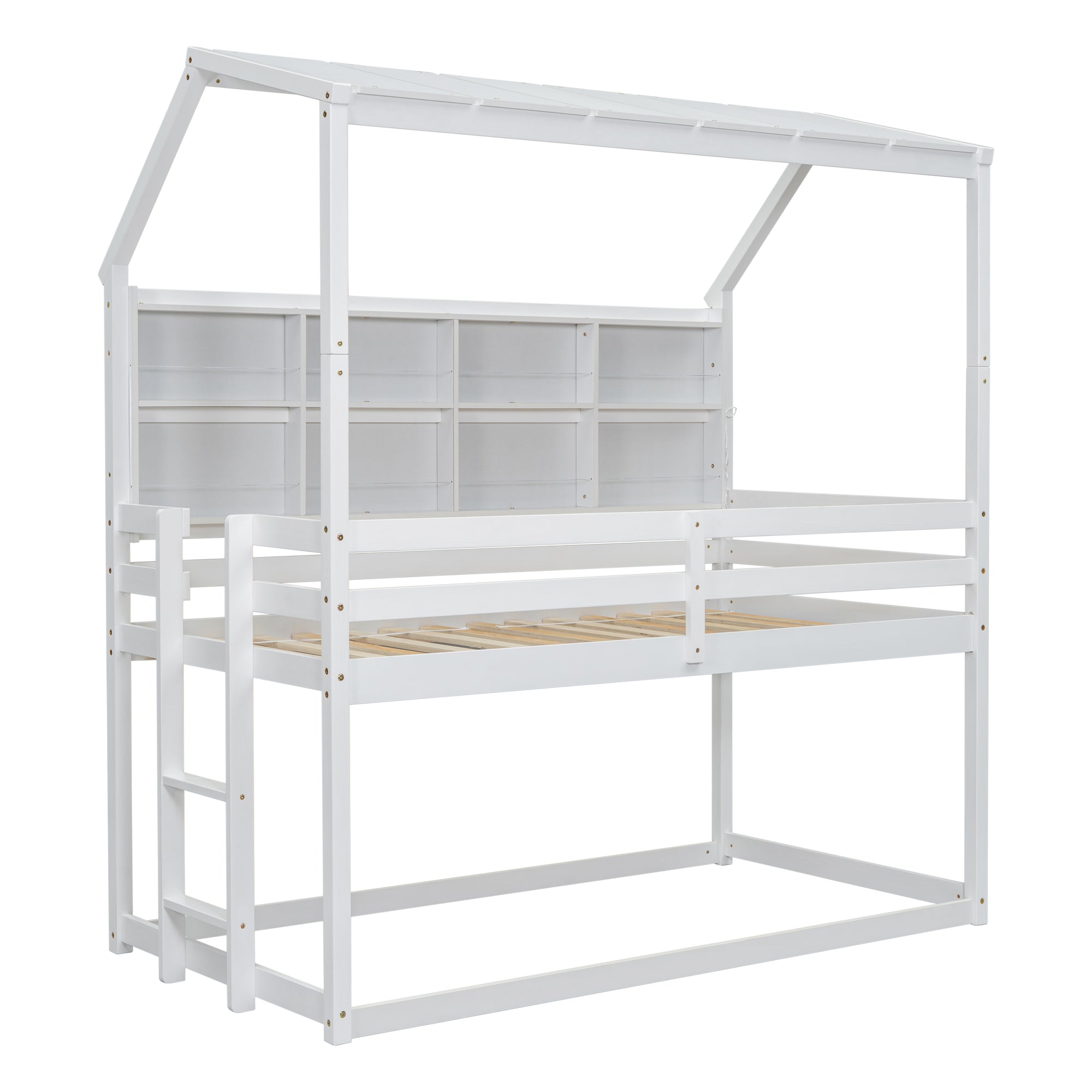 Twin House Loft Bed with Semi-Enclosed Roof and Built-in Bookshelves