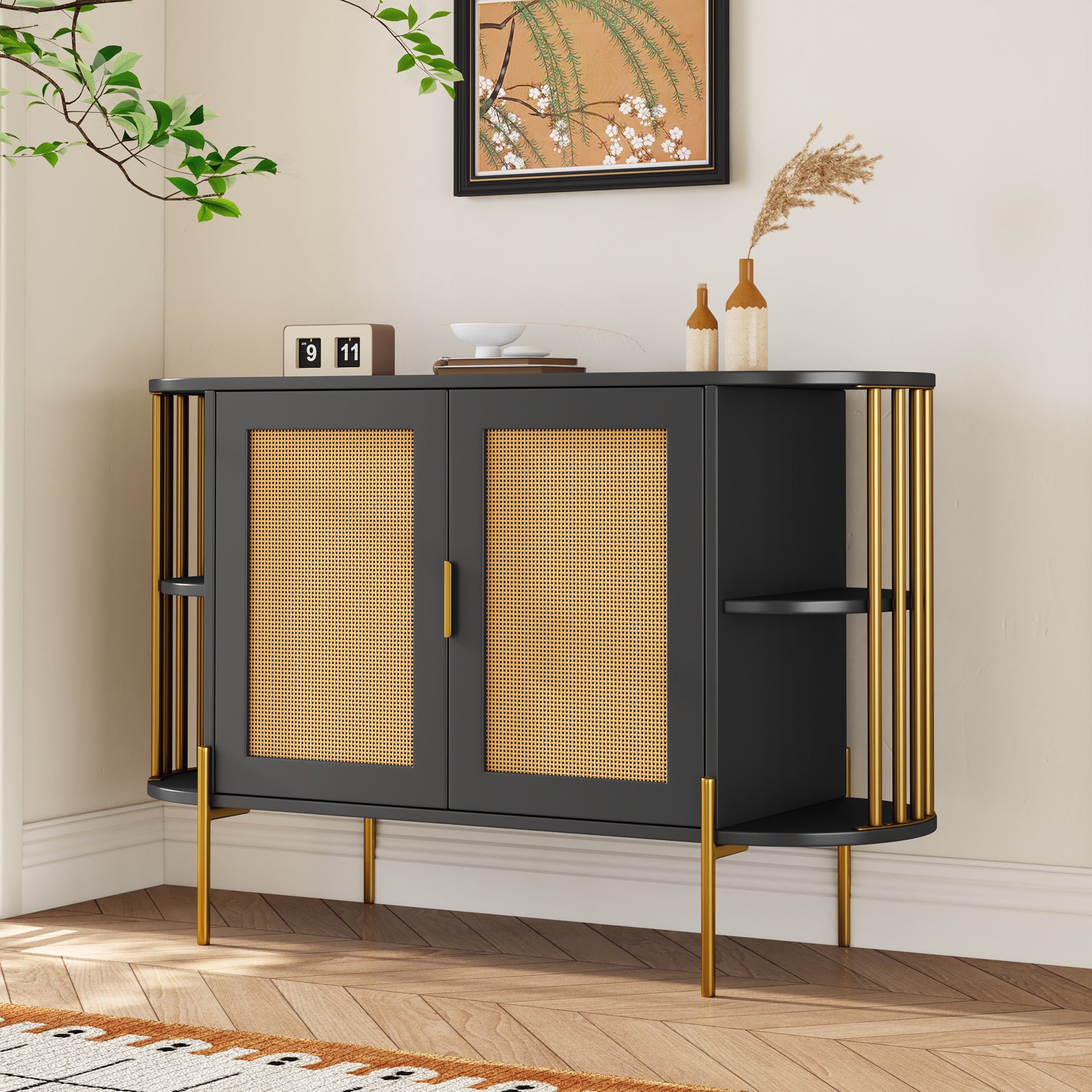 Elegant Curved Dining Cabinet with Gold Trim and Rattan Doors for Dining Room In Black