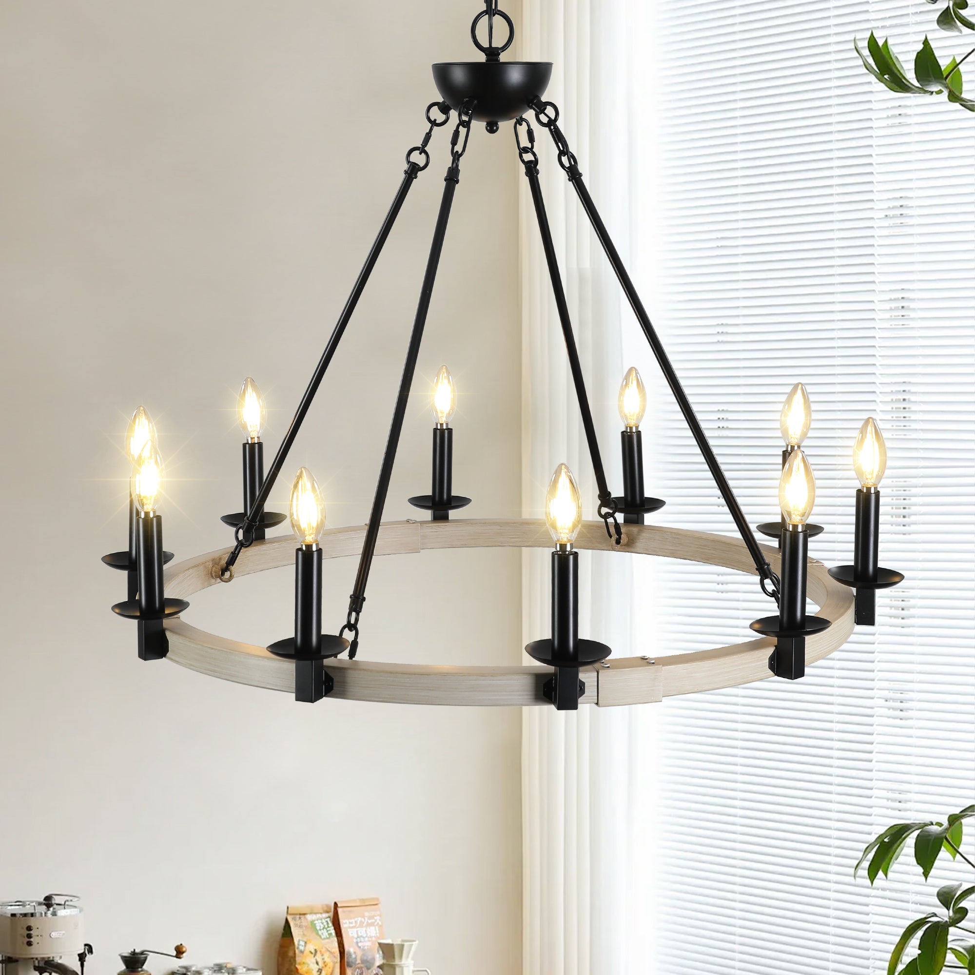 Rustic Farmhouse 10-Light Candle Chandelier in Black Metal and Wood Round