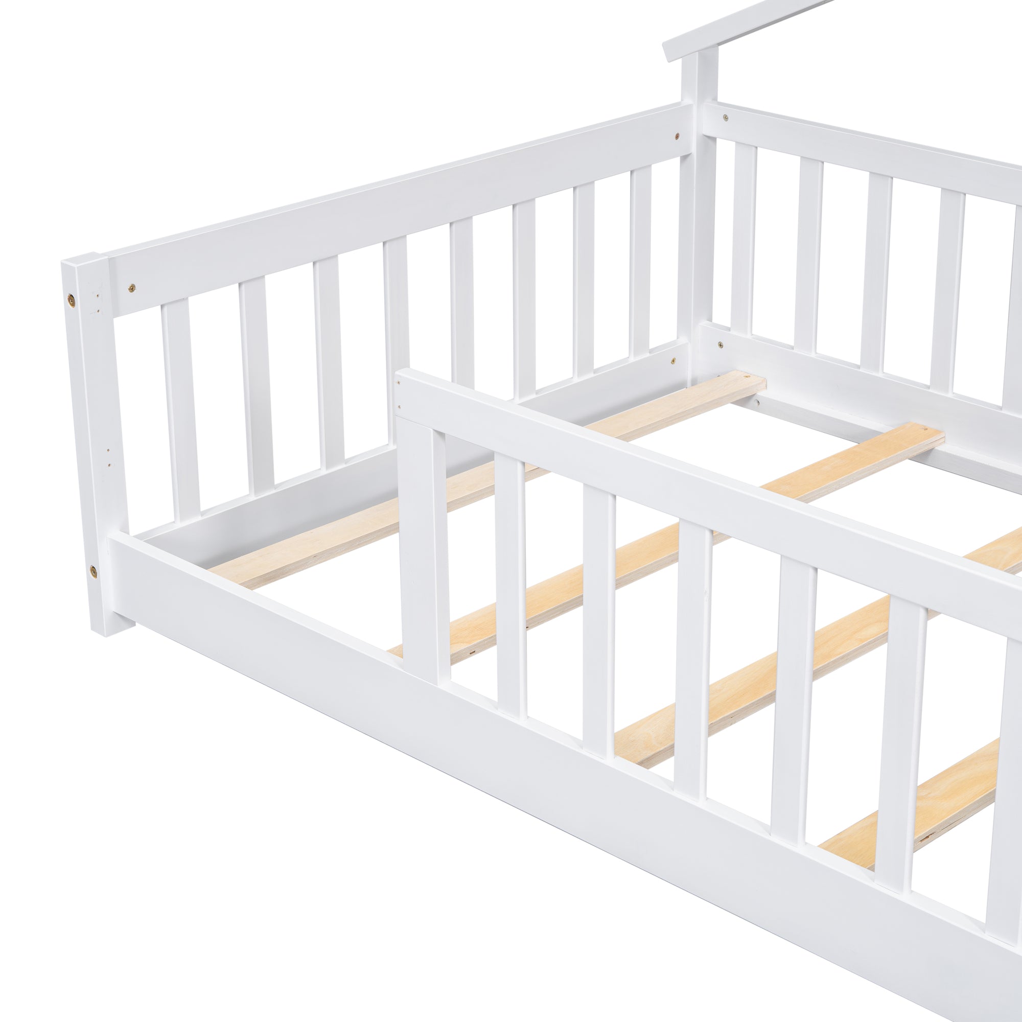 Twin House-Shaped Toddler Floor Bed with Guardrails and Slats