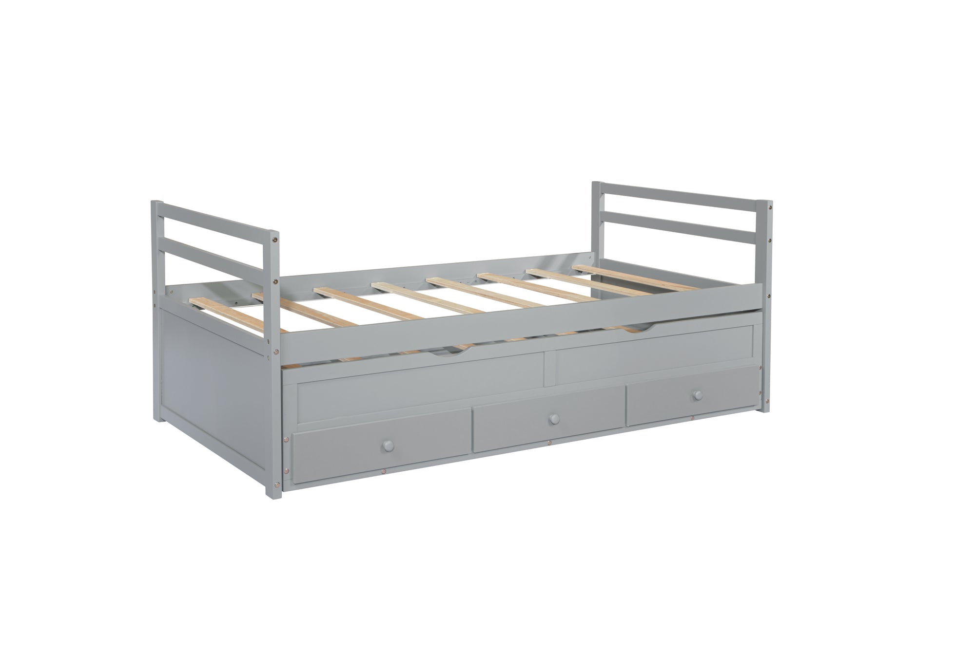 Gray Twin Size Bed with Headboard, Footboard, Trundle, and Three Storage Drawers