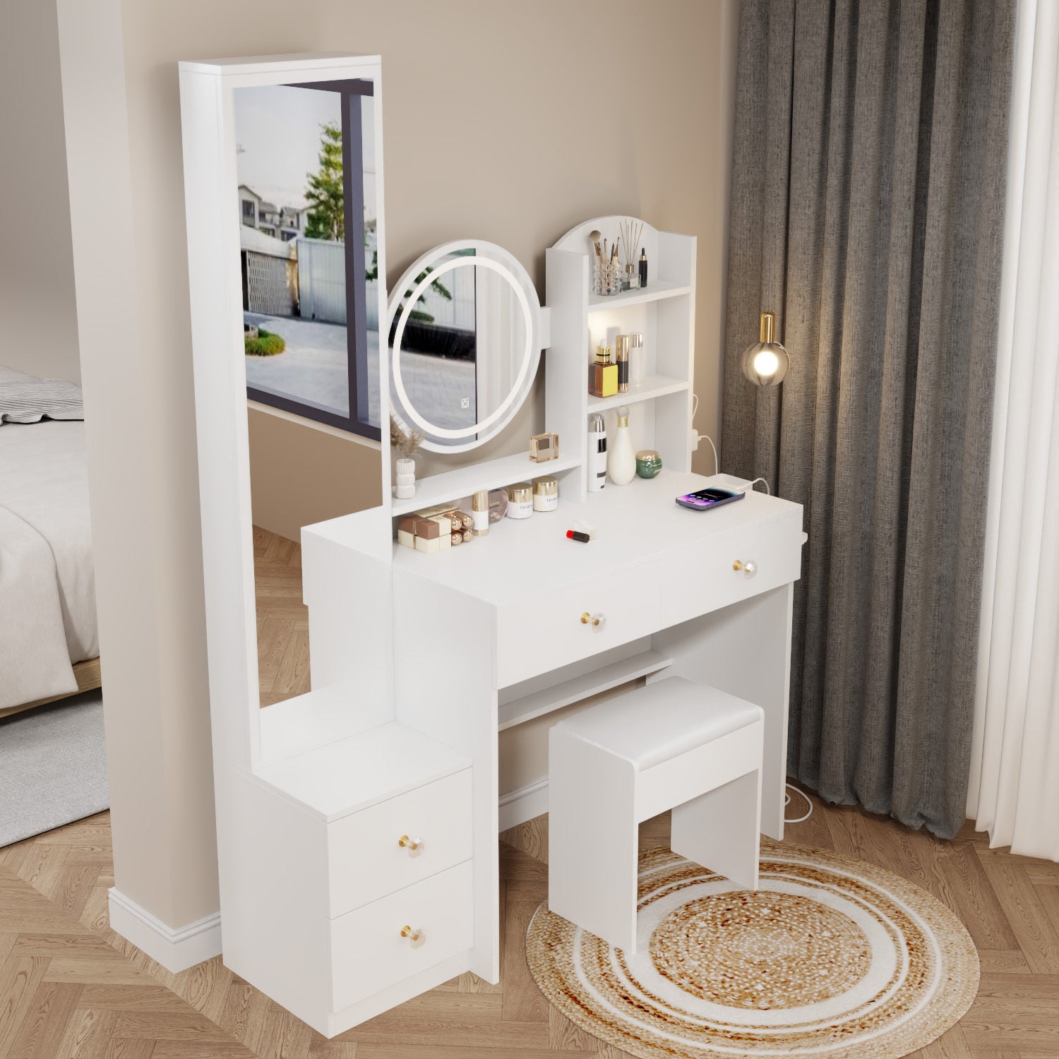 Full Body Mirror Cabinet And LED Vanity Table With Cushioned Stool 2 AC 2 USB Ports 17 Inch LED Mirror Touch Control In White