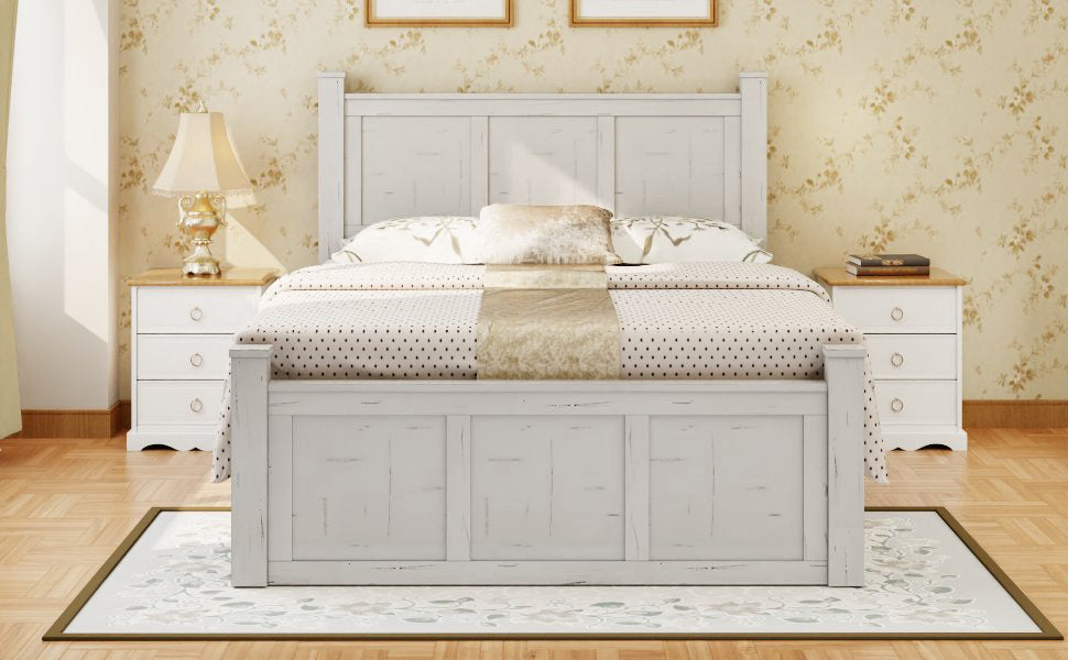 Ancient White Queen Size Farmhouse Bed Frame with Storage Drawers