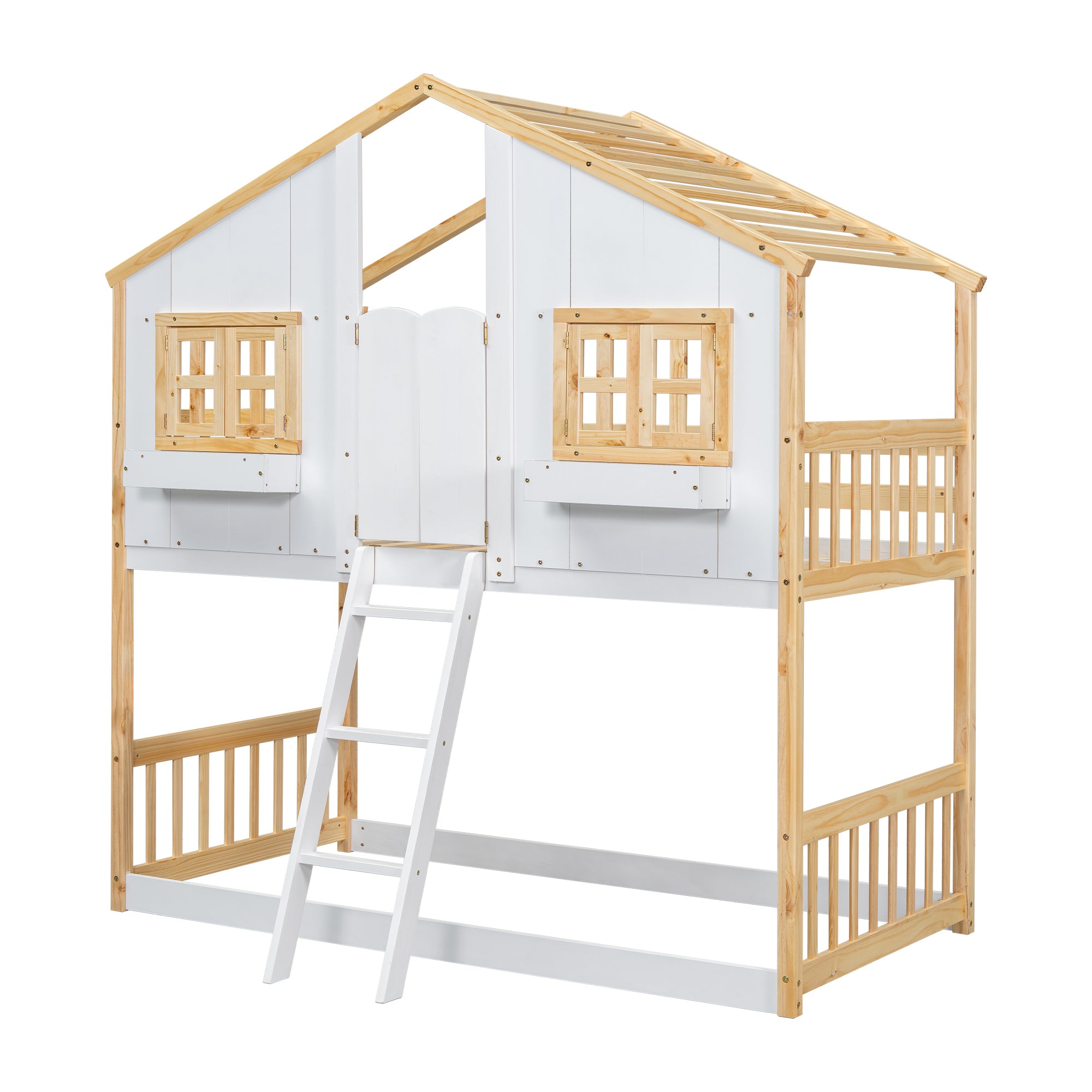 Twin Over Twin House Bunk Bed with Roof, Window, and Door in Natural and White Tones