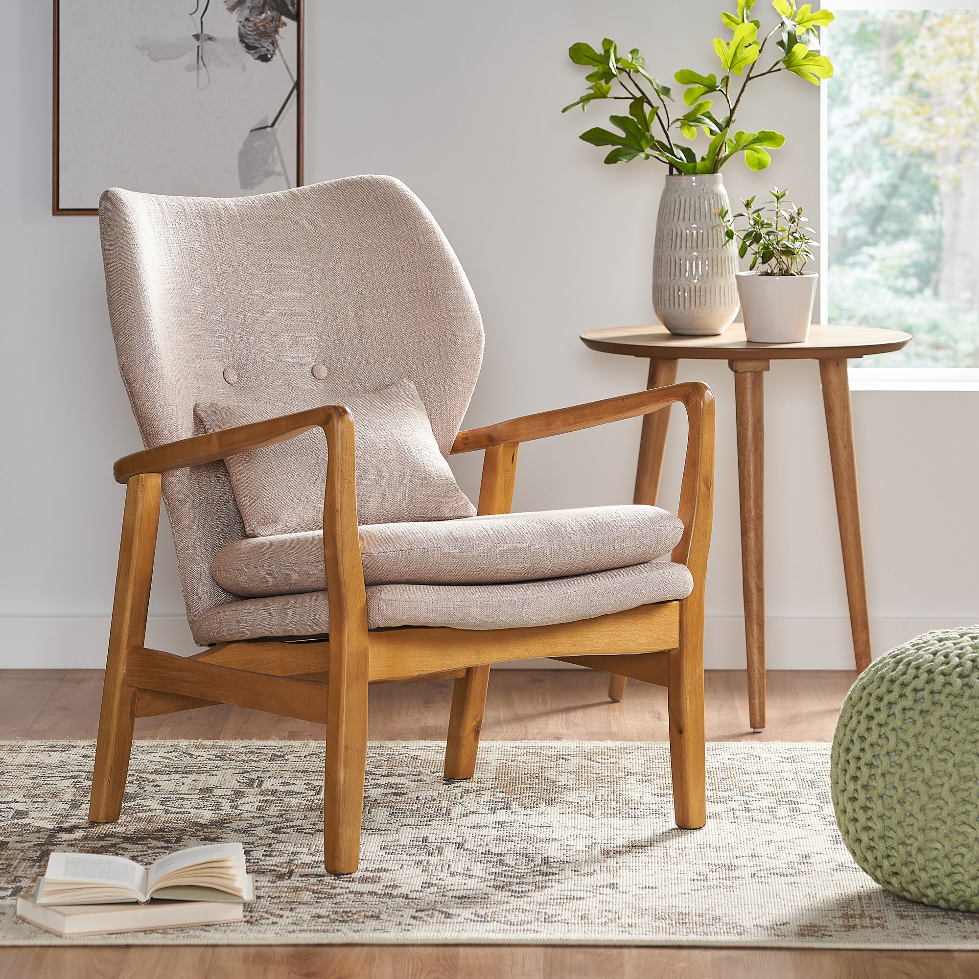 Mid-Century Modern Upholstered Armchair With Birch Wood Legs