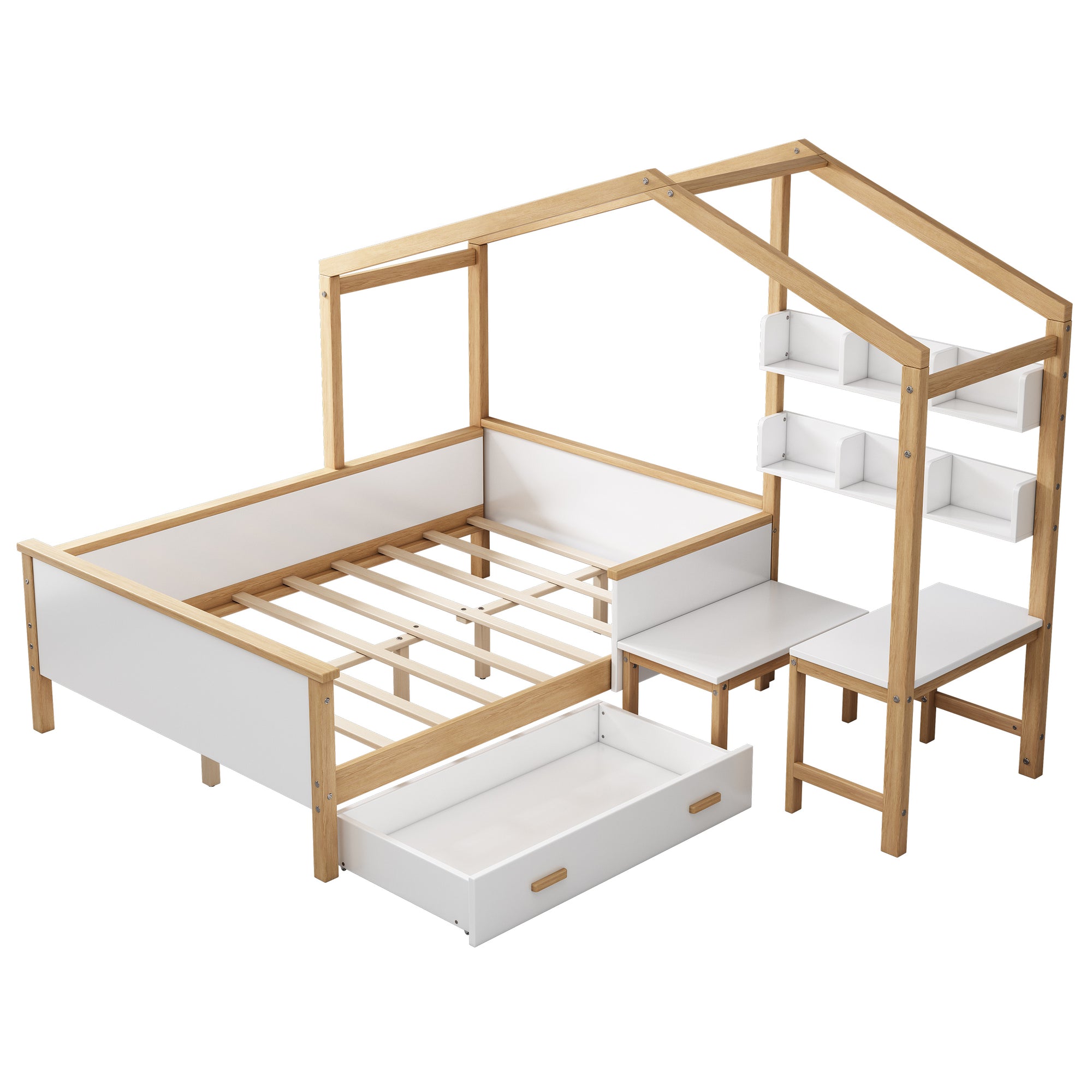 White & Wood Frame Full Size Wooden House Bed with Desk with Drawer, Desk and Bookshelf for Children