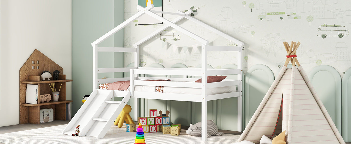 White Twin Low Loft House Bed with Slide and Ladder