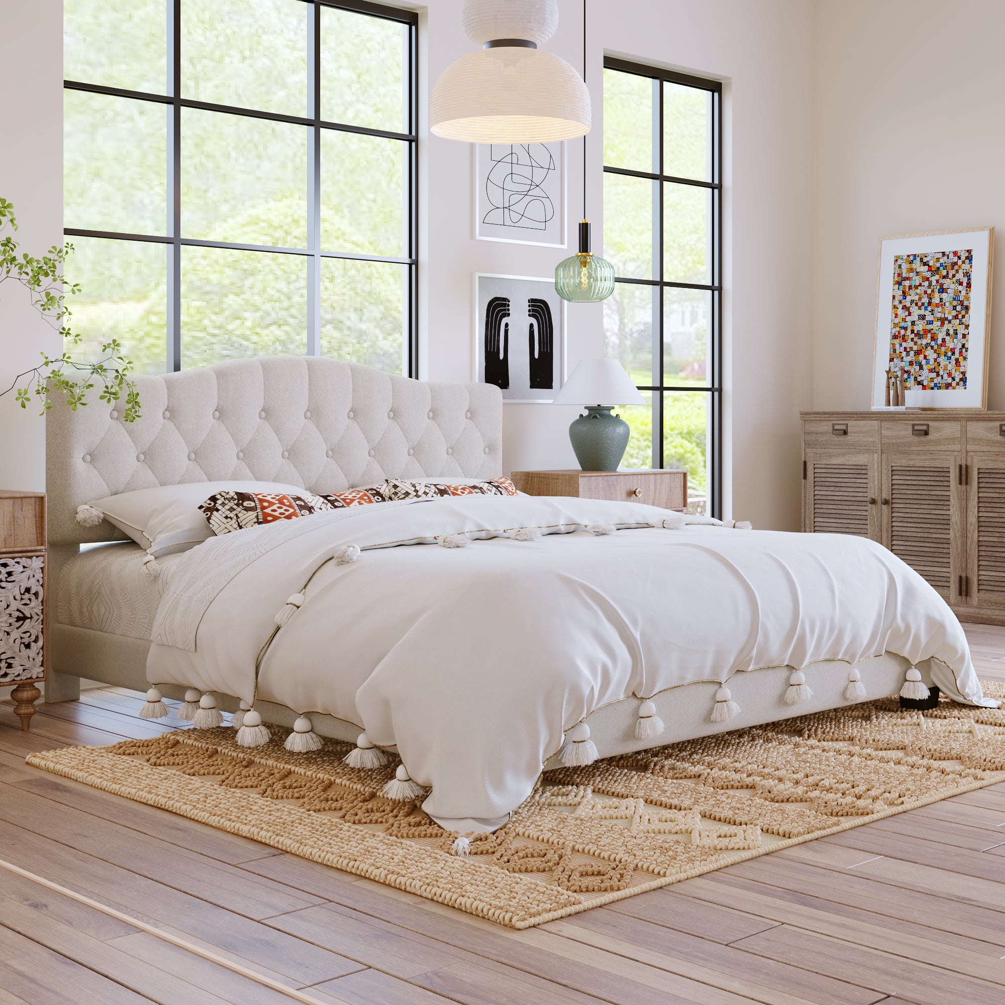 King Upholstered Platform Bed With Curved Headboard and Diamond Tufted Details