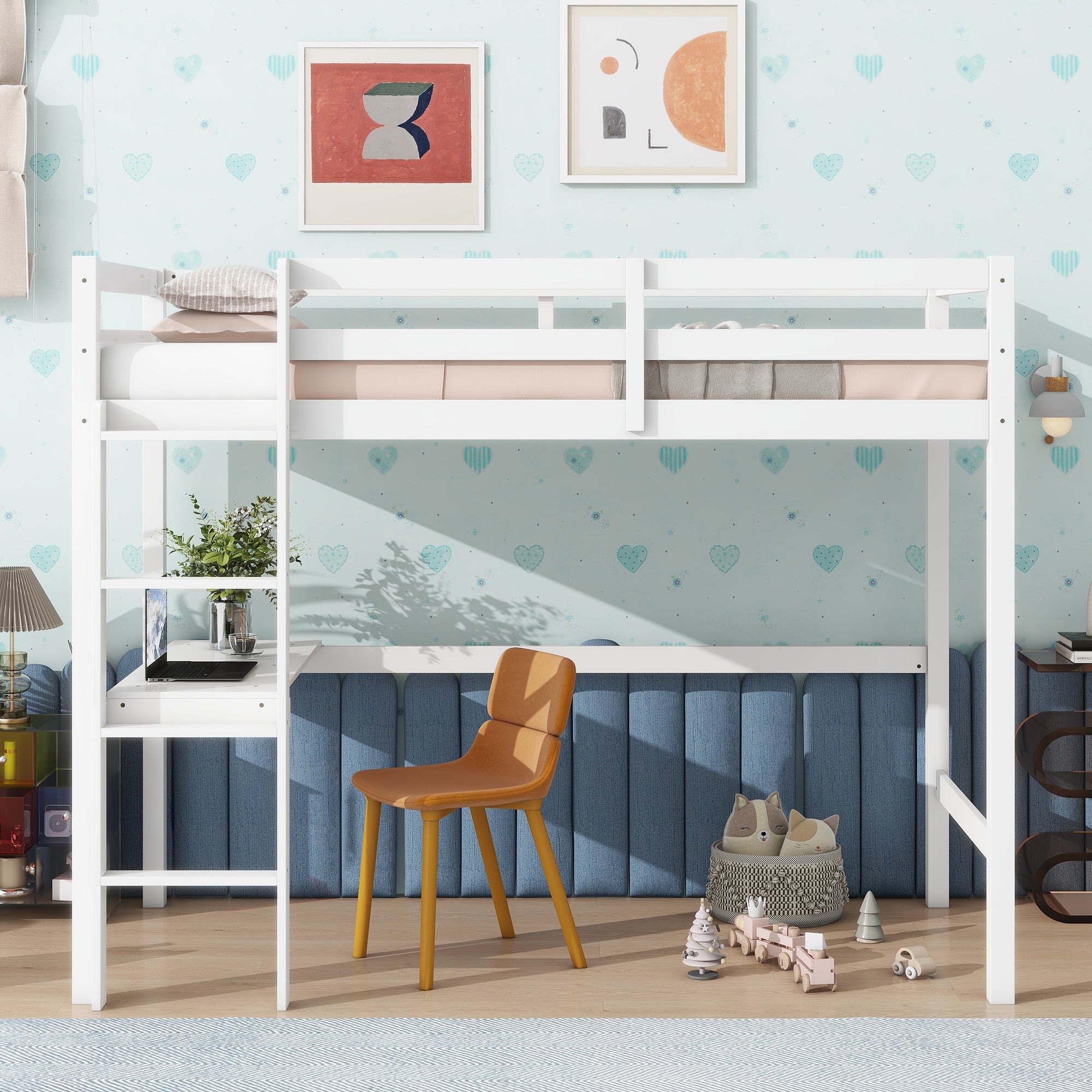 White Twin High Loft Bed For Kids with Built-in Desk in Rubber Wood Construction