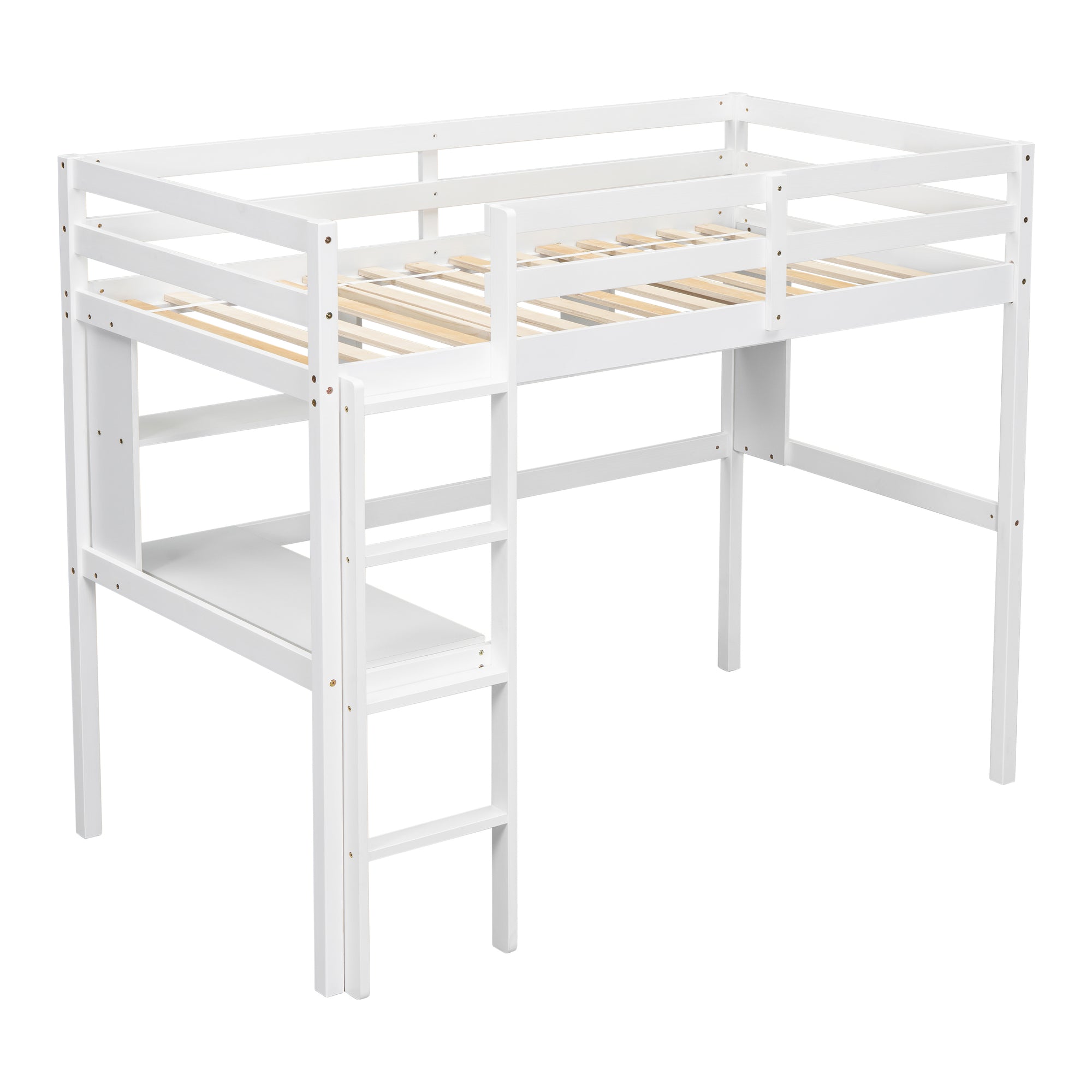 Twin Size Loft Bed For Kids with Desk, Shelves, Safety Guardrail & Ladder