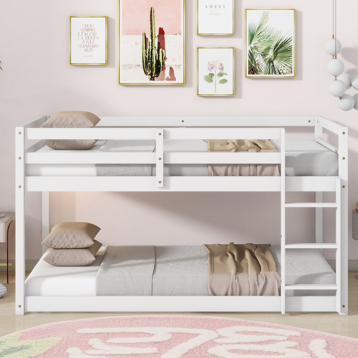 White Twin Over Twin Loft Bed with Ladder In Sturdy Rubber Wood Construction