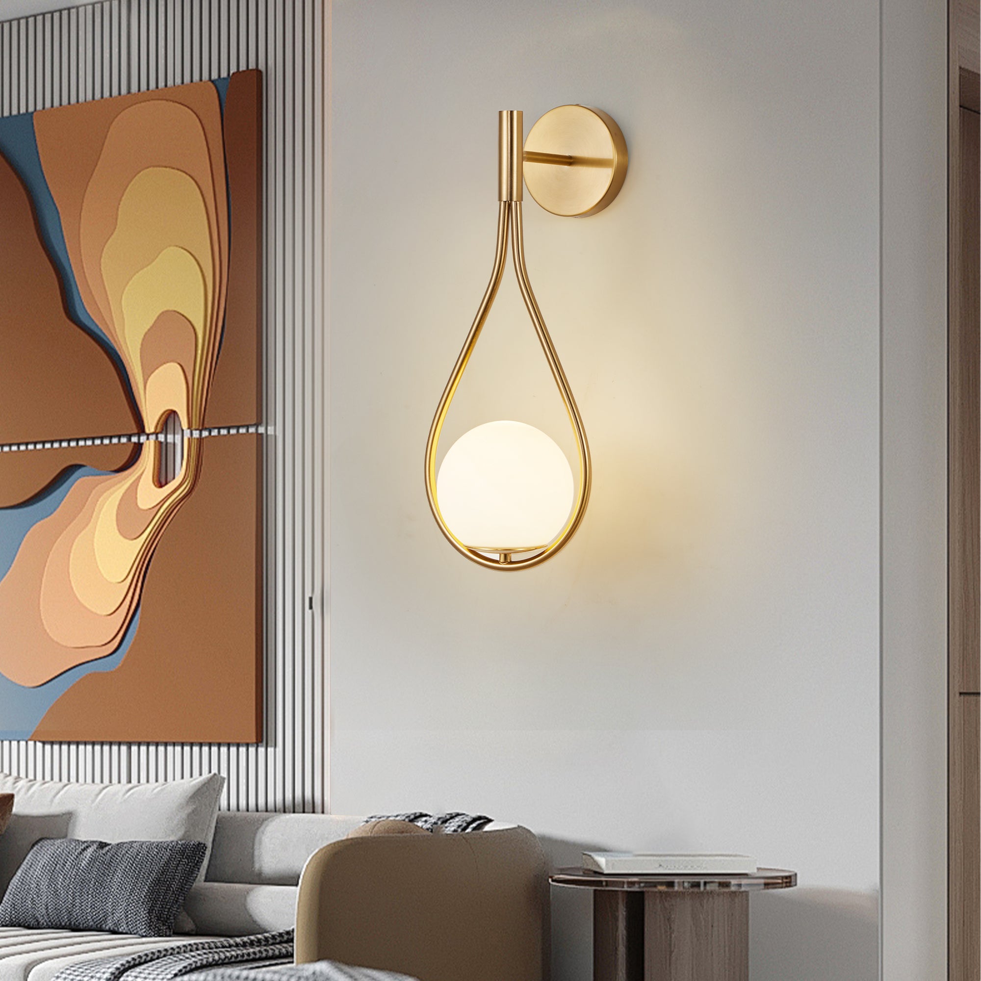 Set of 2 Modern Gold Wall Sconces with Opal Glass Globes