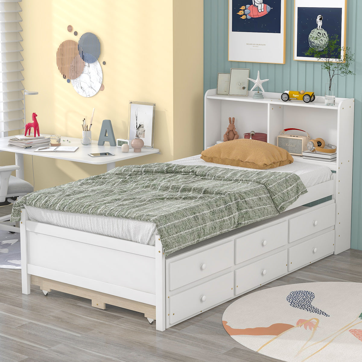 White Twin Bed with Bookcase, Trundle, and Drawers