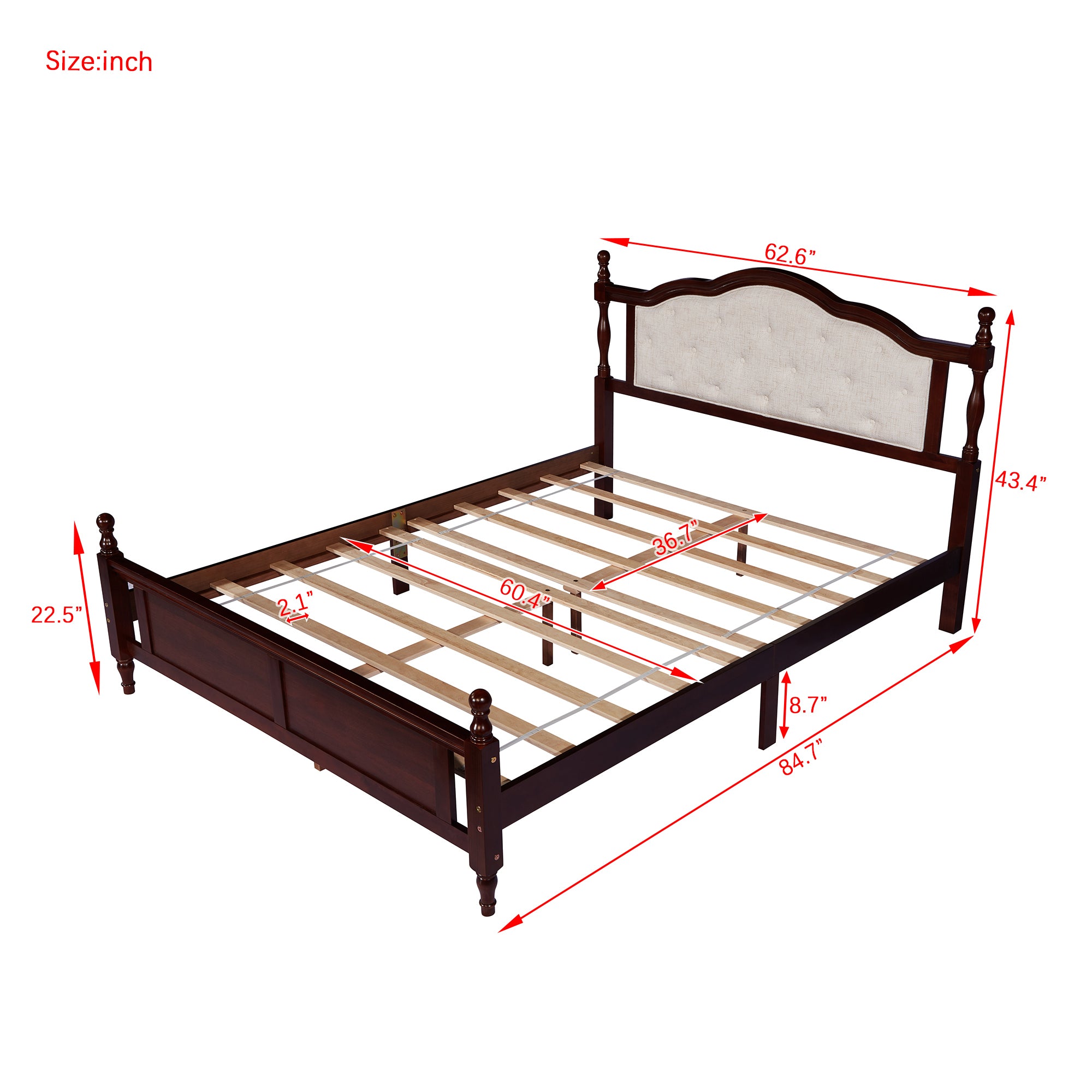 Classic Queen Size Pine Wood Bed with Upholstered Headboard