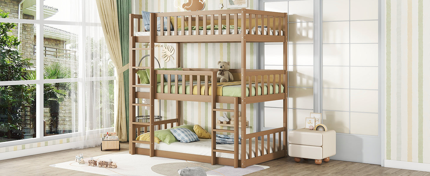 Twin Size Triple Rubber Wood Detachable Bunk Bed in White Oak