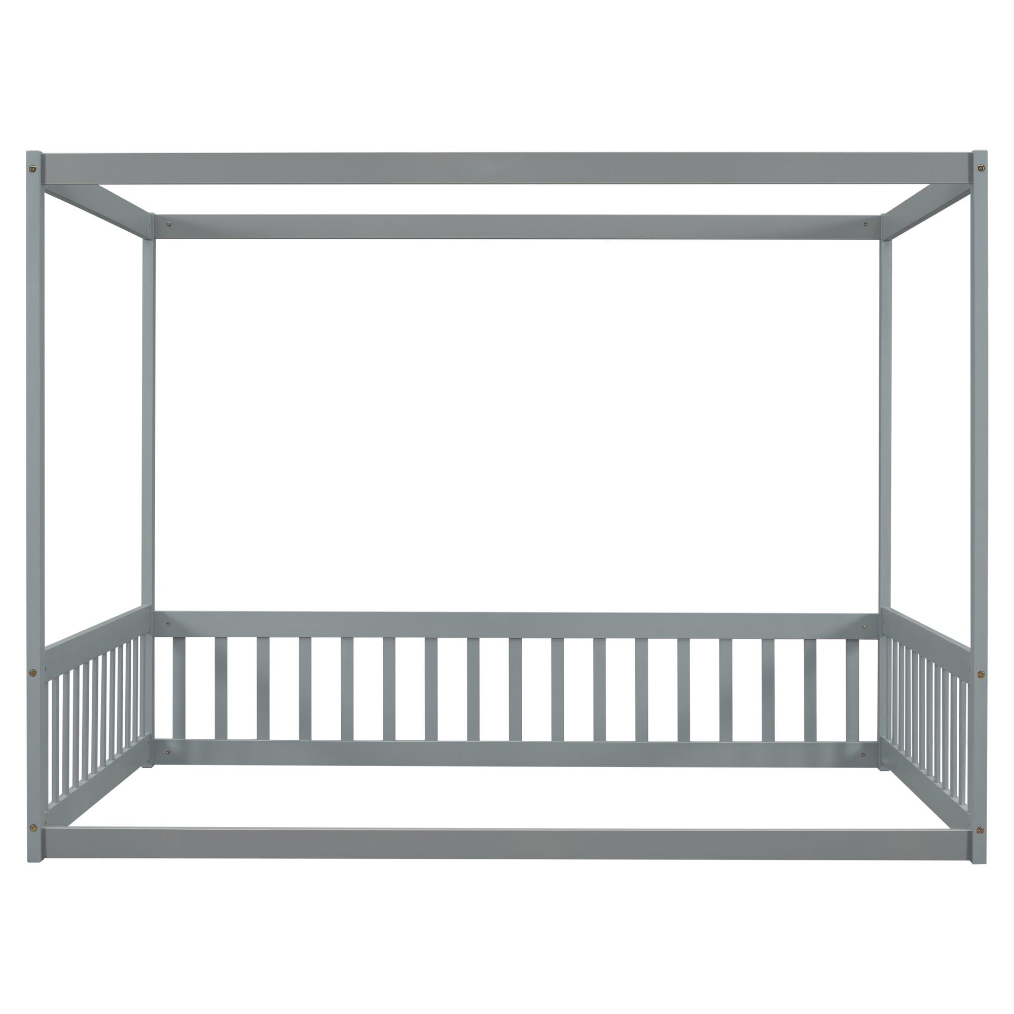 Full Size Canopy Frame Floor Bed with Fence and Guardrails in Gray