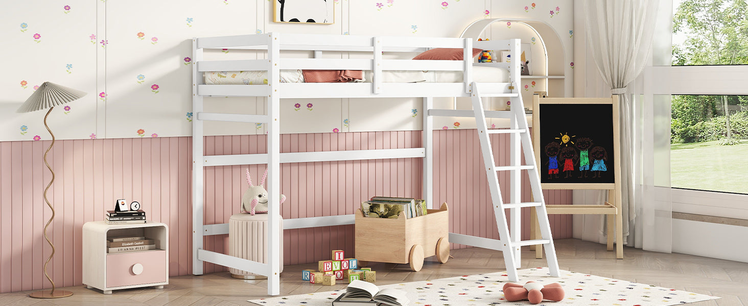 White Twin Size High Loft Bed with Inclined Ladder and Guardrails