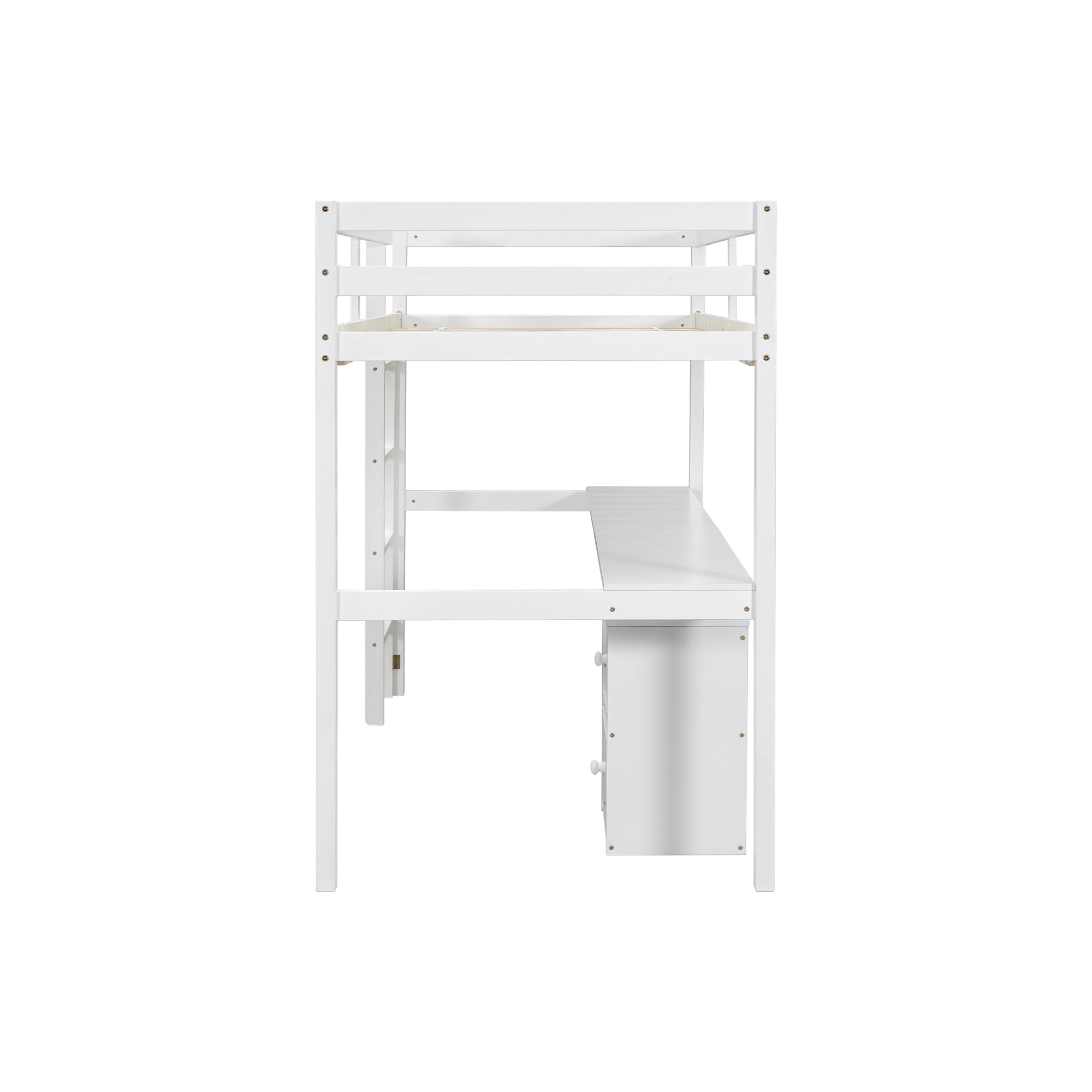 White Twin Loft Bed with Built-in Desk, Storage Cabinet, Guardrails & Ladder