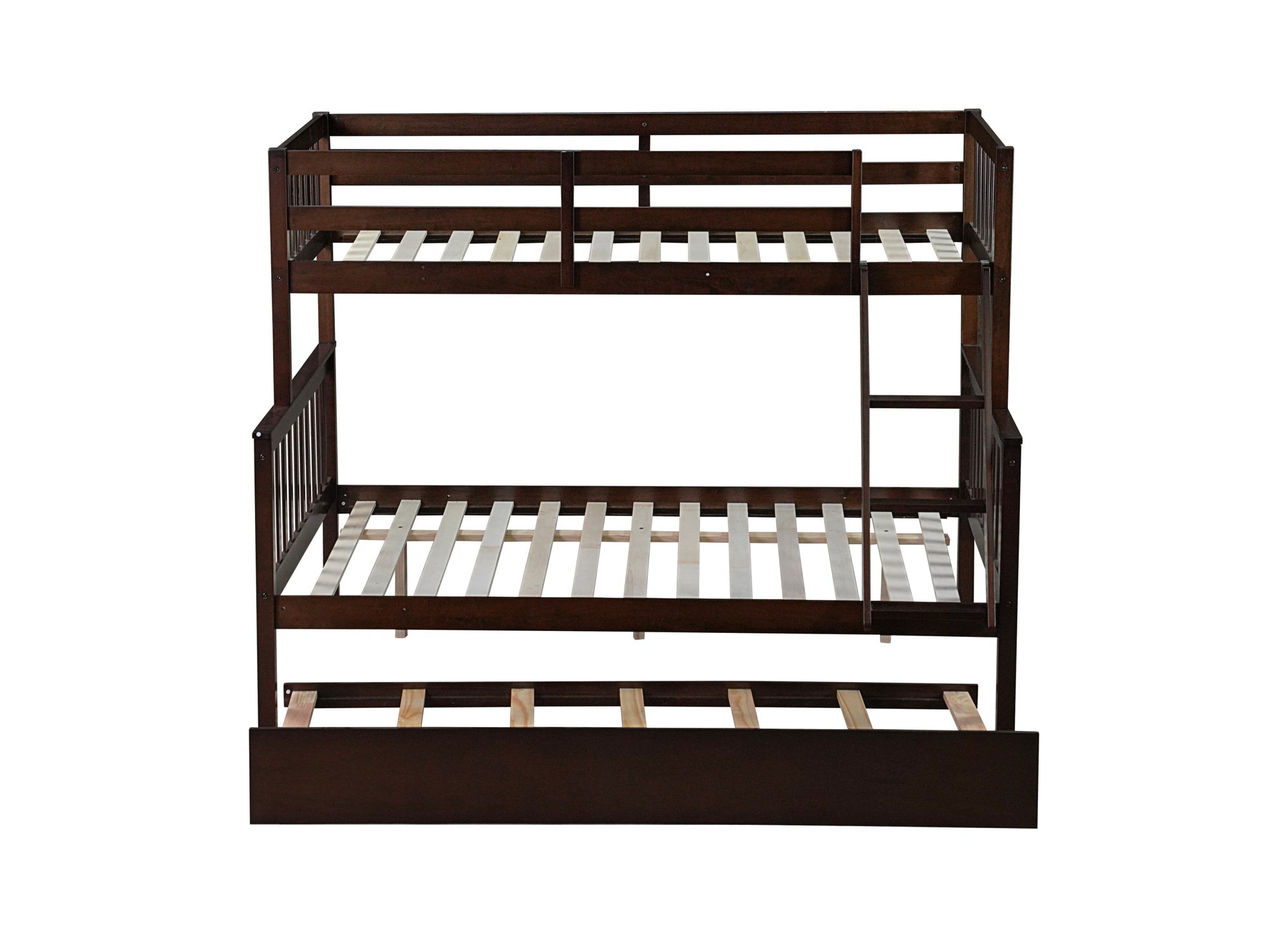 Espresso Twin Over Full Rubber Wood Bunk Bed with Trundle and Detachable Design