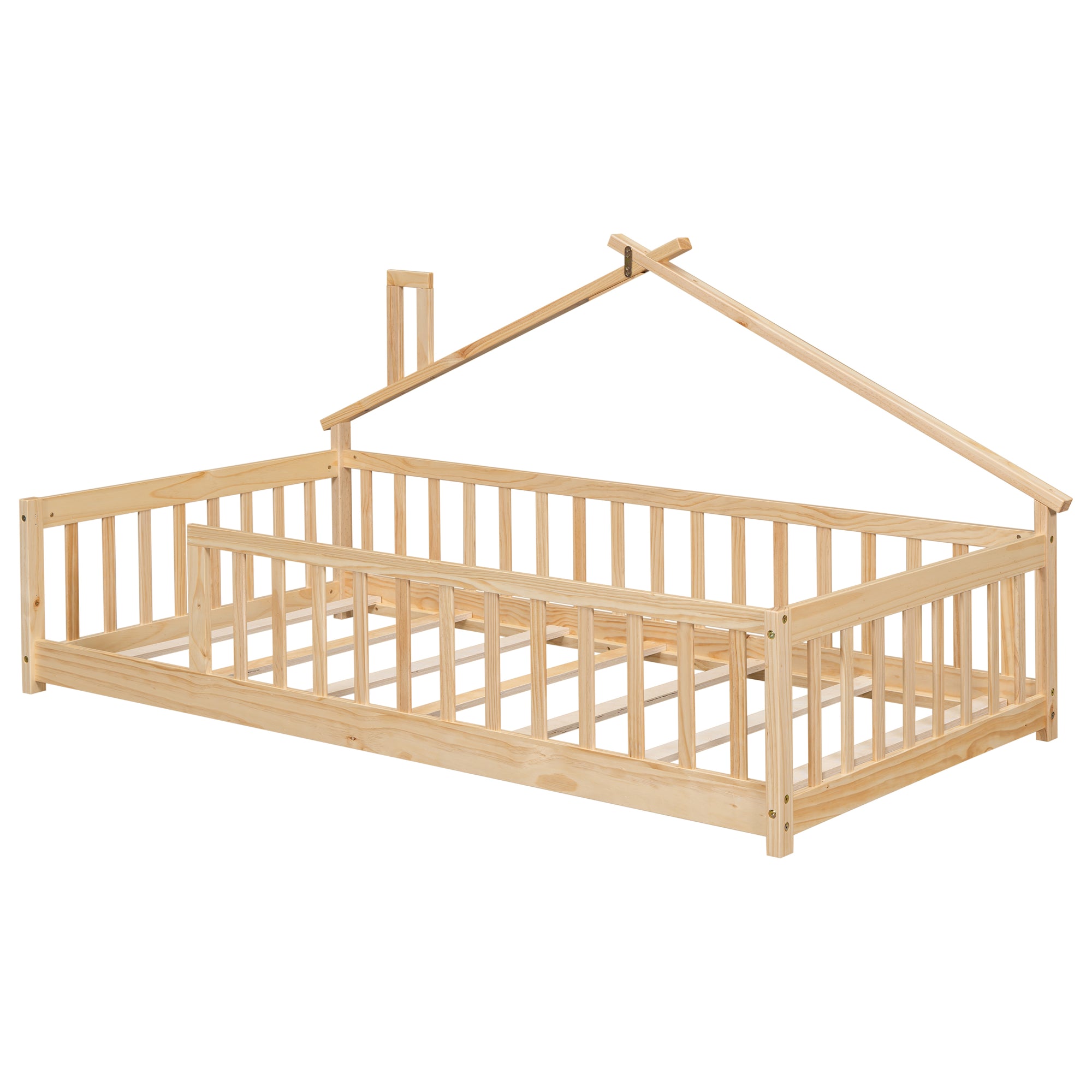 Twin House-Shaped Toddler Floor Bed with Guardrails and Fence in Natural Tones