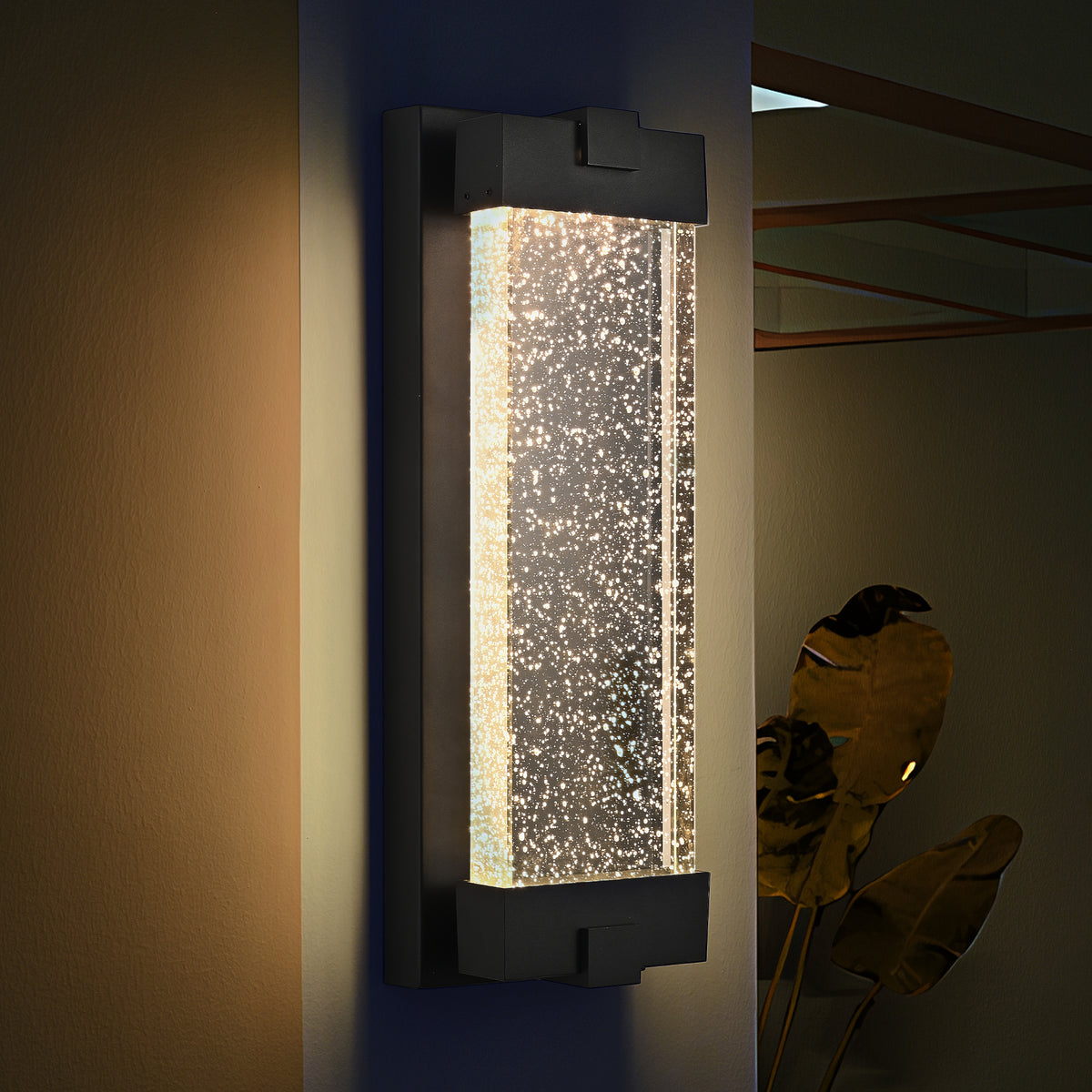 Black Aluminum Finish Outdoor Wall Light with Bubble Crystal Glass