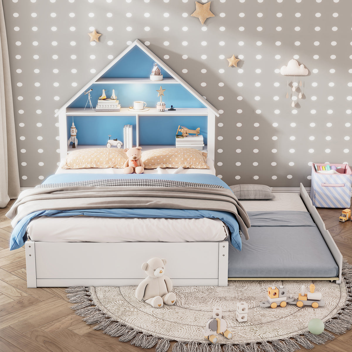 White &amp; Blue Full House-Shaped Bed Frame with Trundle, Shelves, and LED Nightlight